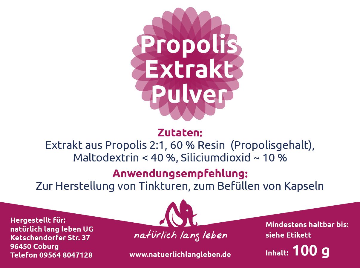 Etikett mit Aufschrift: Propolis Extrakt Pulver. Zutaten und Anwendungsempfehlung. Logo mit Schriftzug: natürlich lang leben.
