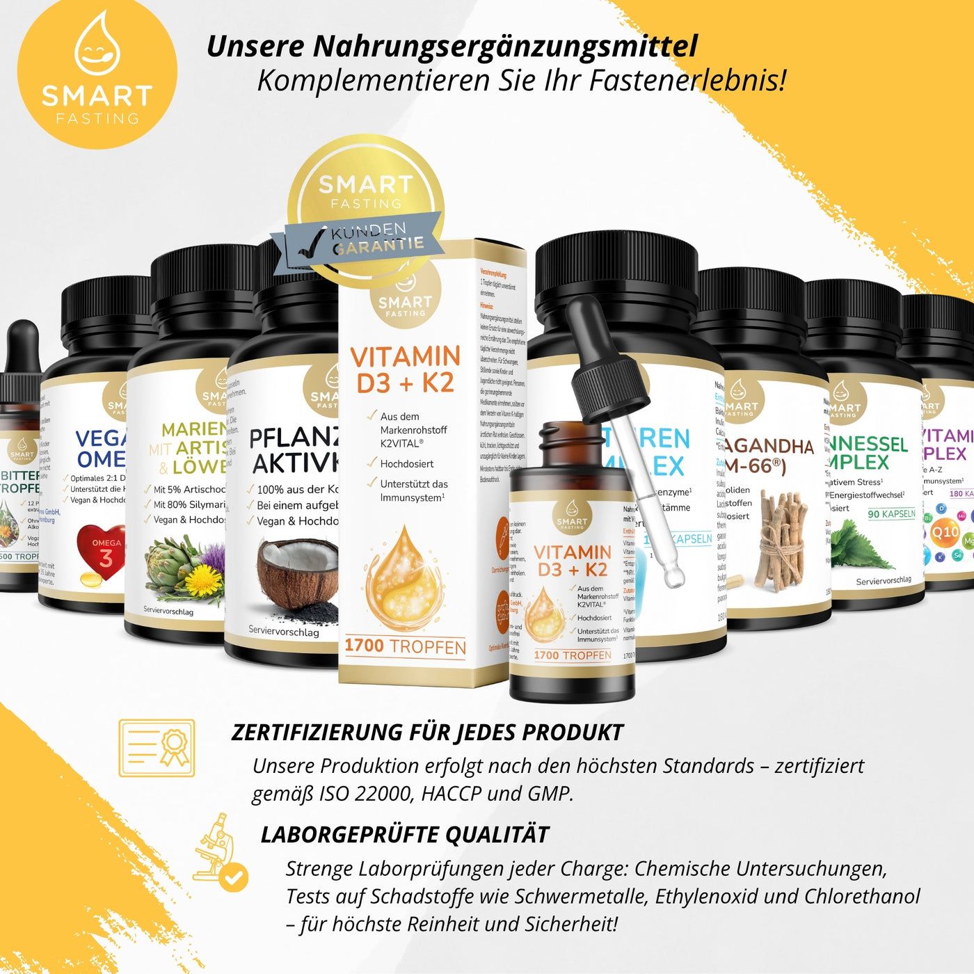 Mehrere Flaschen und Kartons. Aufschrift: Vitamin D3 + K2. Marke: Smart Fasting. Zertifizierungen und Laborgeprüfte Qualität.