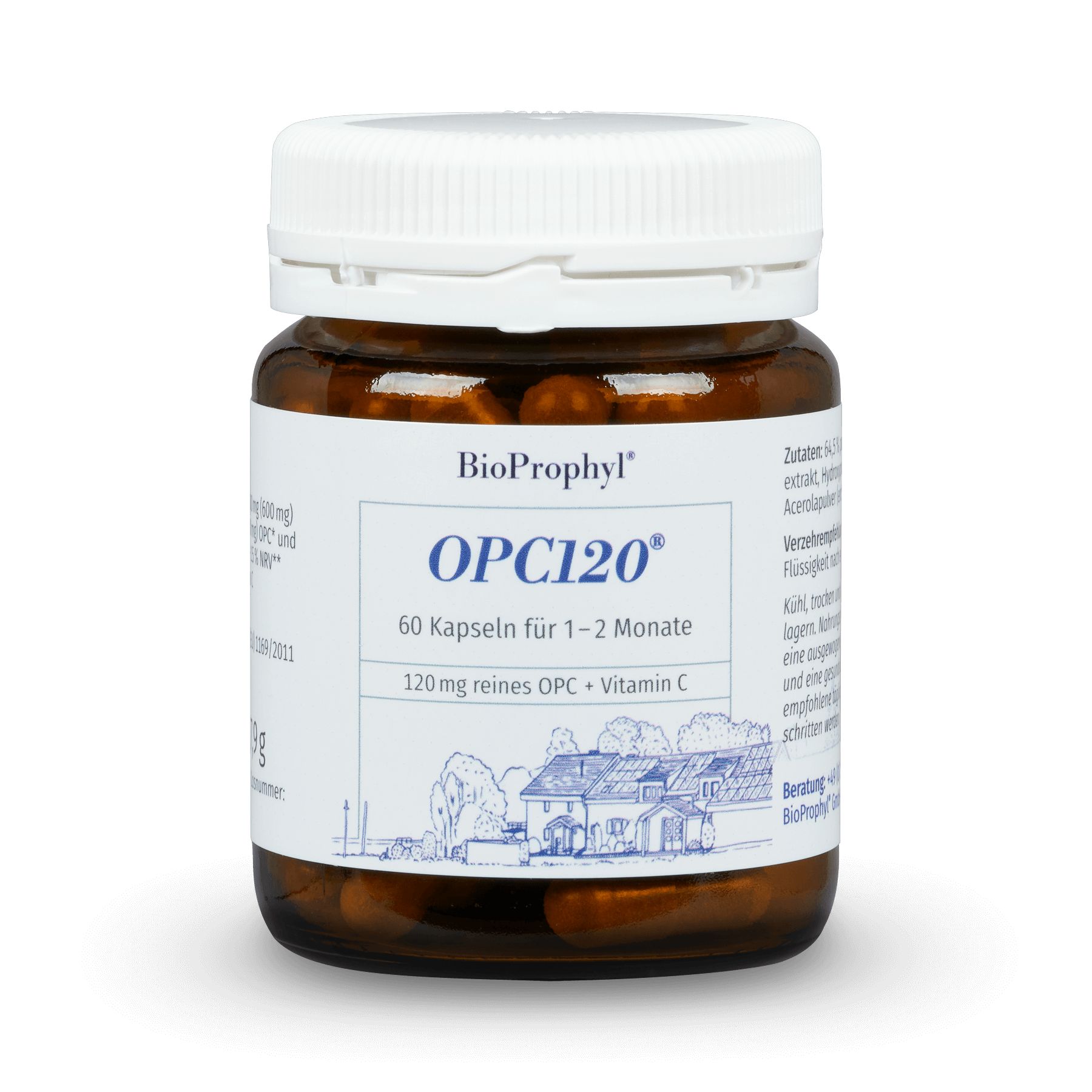 Braune Glasflasche mit weißen Deckel. Aufkleber mit Produktnamen OPC120, 60 Kapseln, 120mg OPC + Vitamin C. Marke BioProphyl.