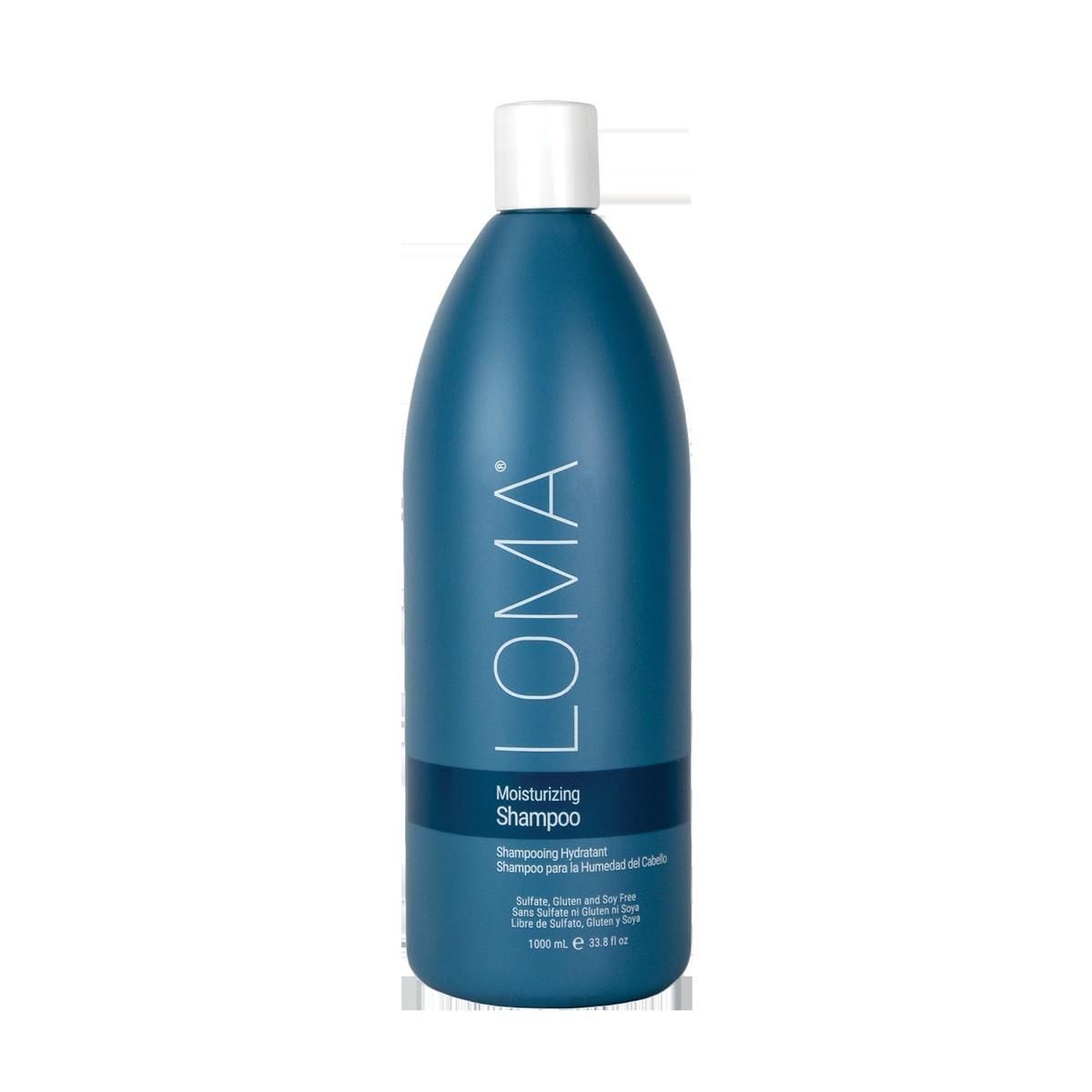 Blaue Flasche LOMA Moisturizing Shampoo. Weißer Deckel. Text: 'Moisturizing Shampoo', 'Shampooing Hydratant'.