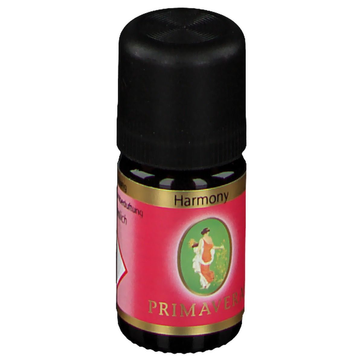 Kleine Glasflasche mit schwarzem Deckel. Rote Etikette mit Frau, Schriftzug Harmony und Primavera.