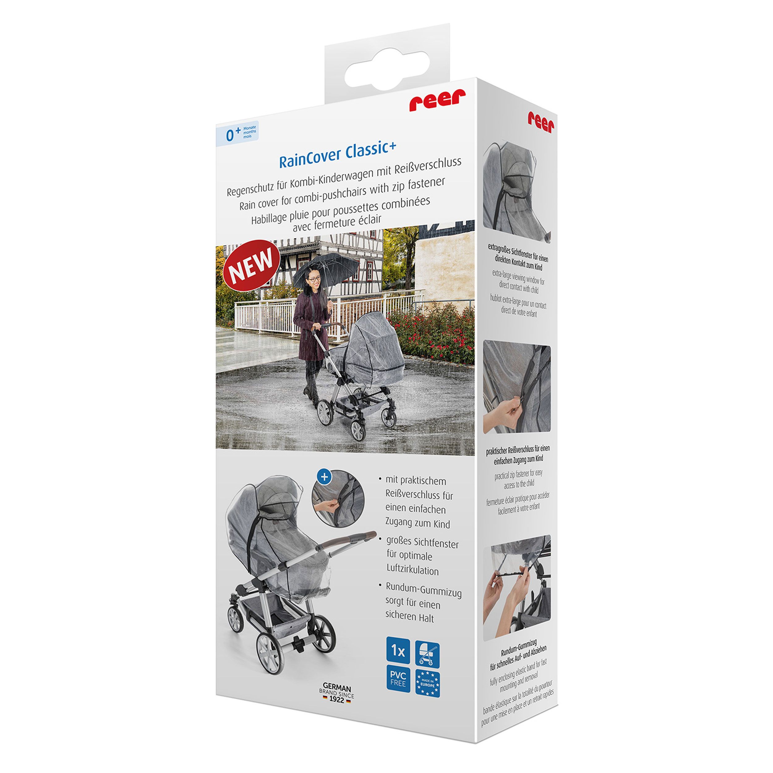 reer RainCover Classic+ Regenschutz für Kombi-Kinderwagen mit Reißverschluss