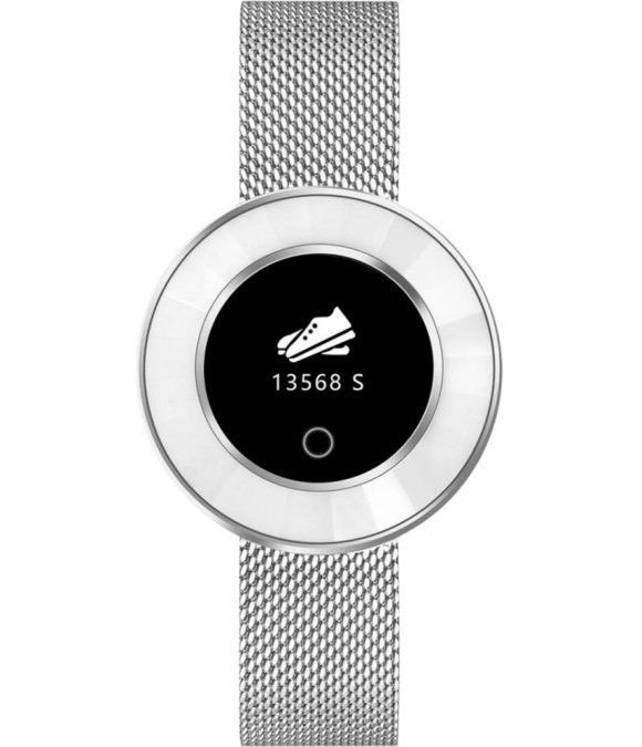 Silberfarbene Smartwatch mit Mesh-Armband. Rundes Zifferblatt mit schwarzem Display, Schuh-Symbol und Schrittzahl. Weiße Umrandung.