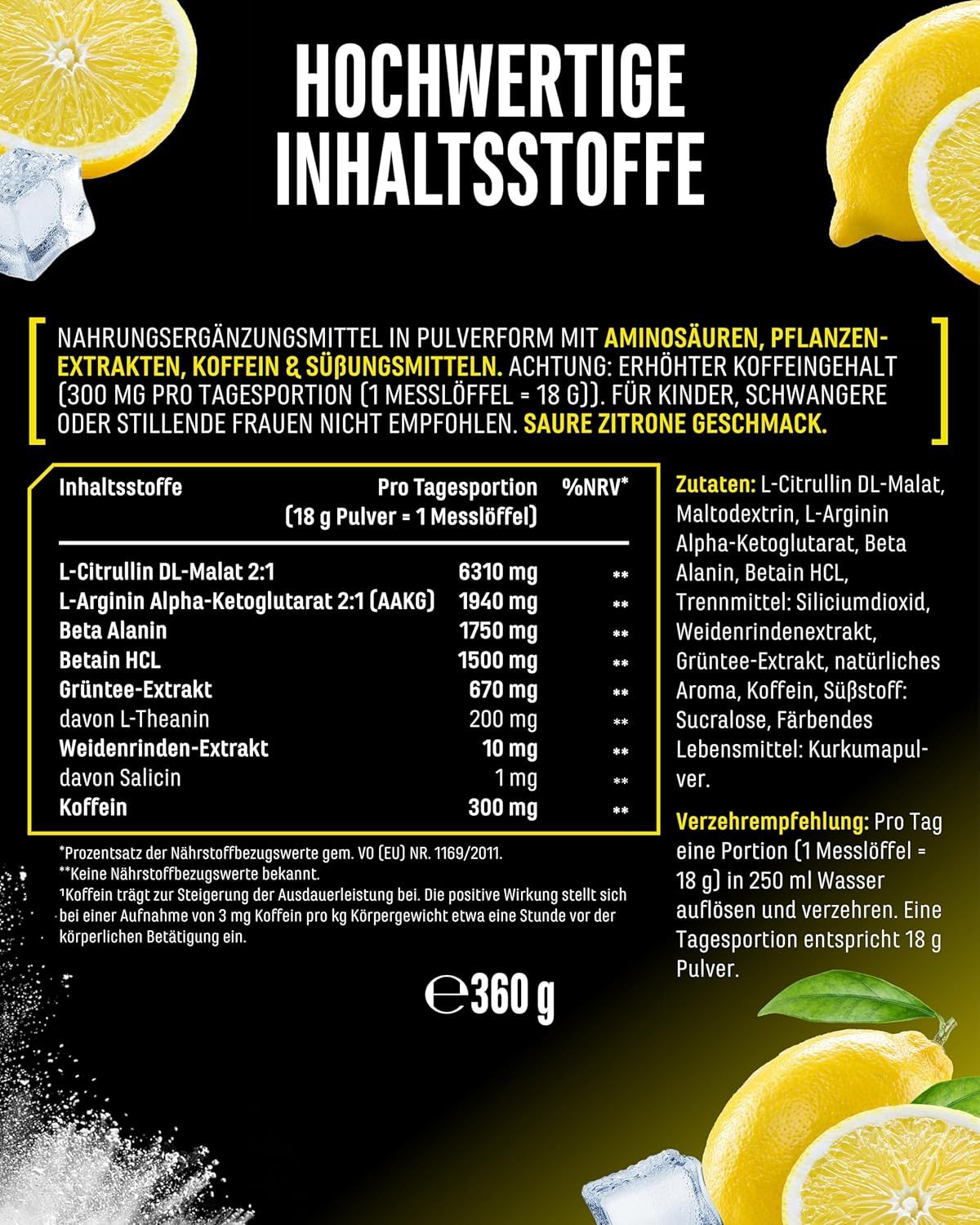 Detailansicht der Inhaltsstoffe von LIMITBREAKER. Enthält Aminosäuren, Pflanzenextrakte, Koffein und Süßungsmittel. Mit Nährwertangaben.