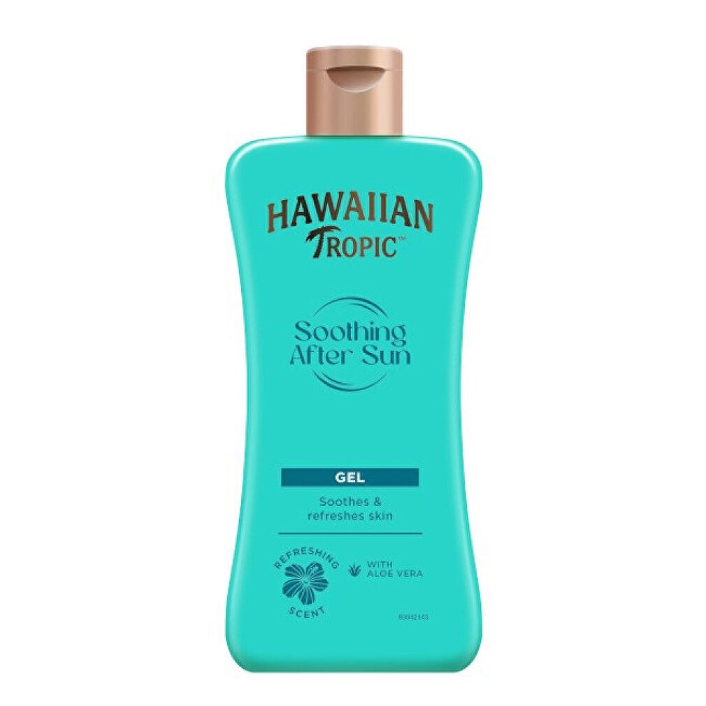 Türkisfarbene Flasche Hawaiian Tropic Soothing After Sun Gel. Goldfarbener Deckel. Klarer Hintergrund.