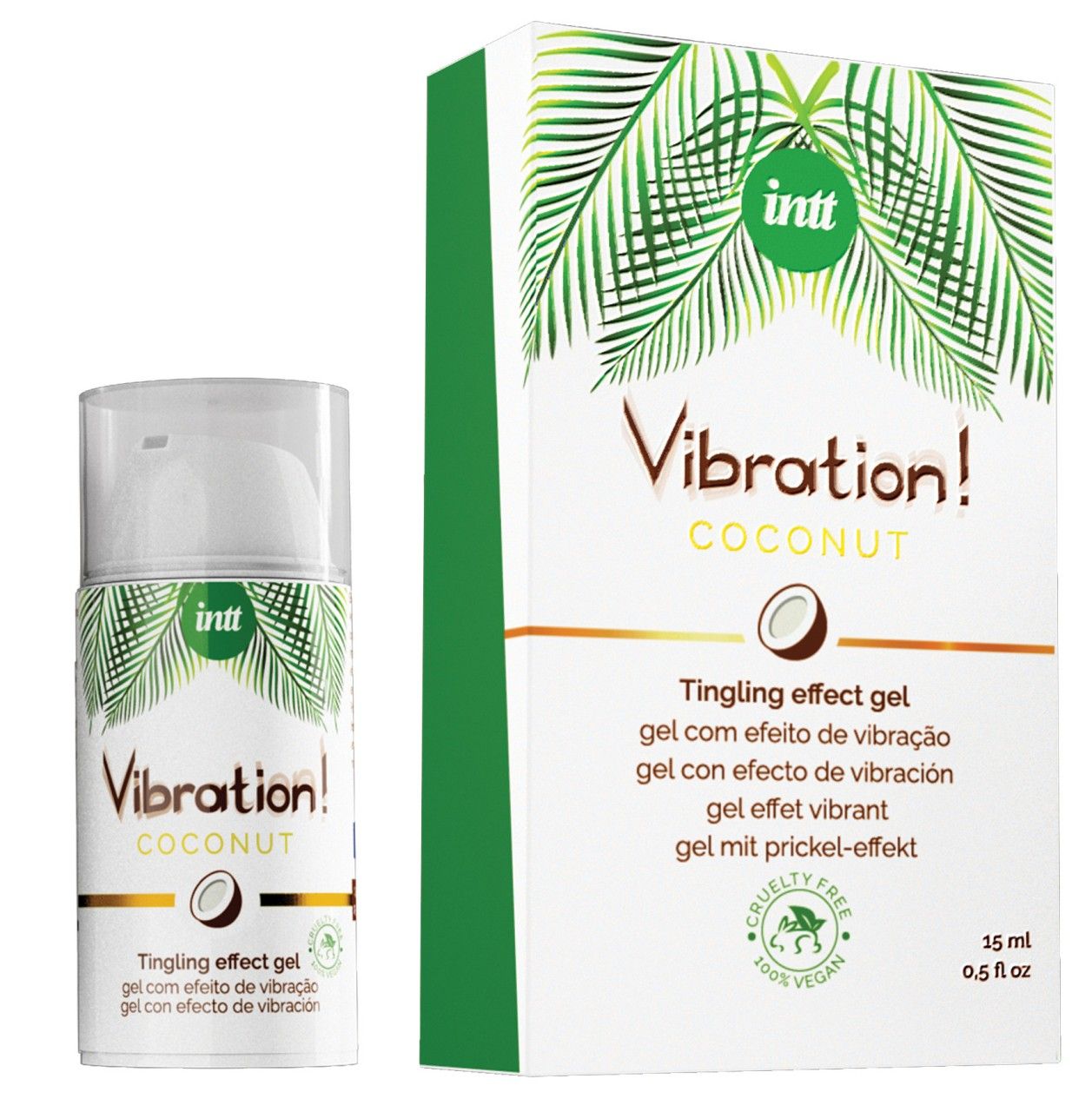 Produktverpackung und Flasche nebeneinander. Text: Vibration! Coconut, Tingling effect gel. Mit Cruelty Free Siegel. 15 ml.