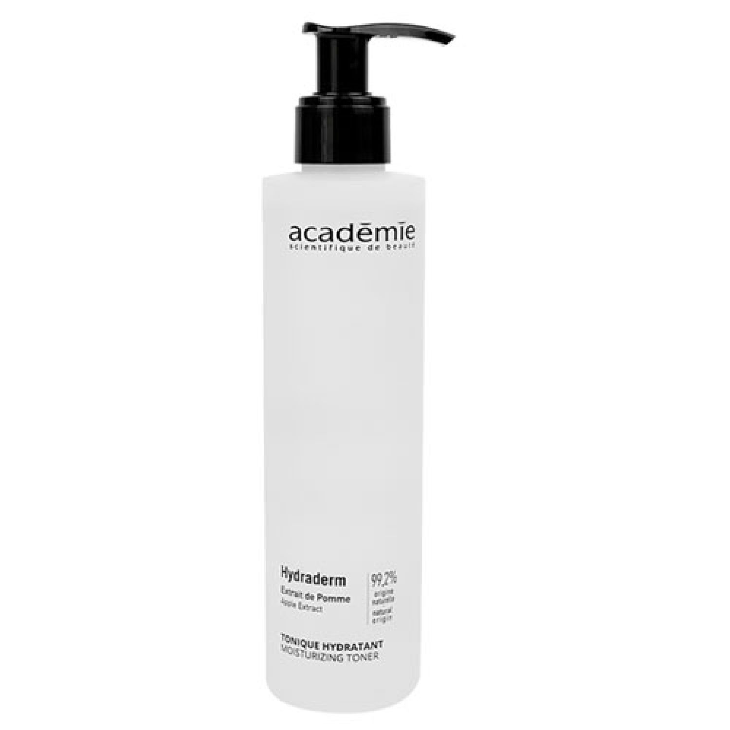 Academie Hydraderm Tonique Hydratant: weiße Pumpflasche mit schwarzem Pumpspender. Enthält Apfelextrakt.
