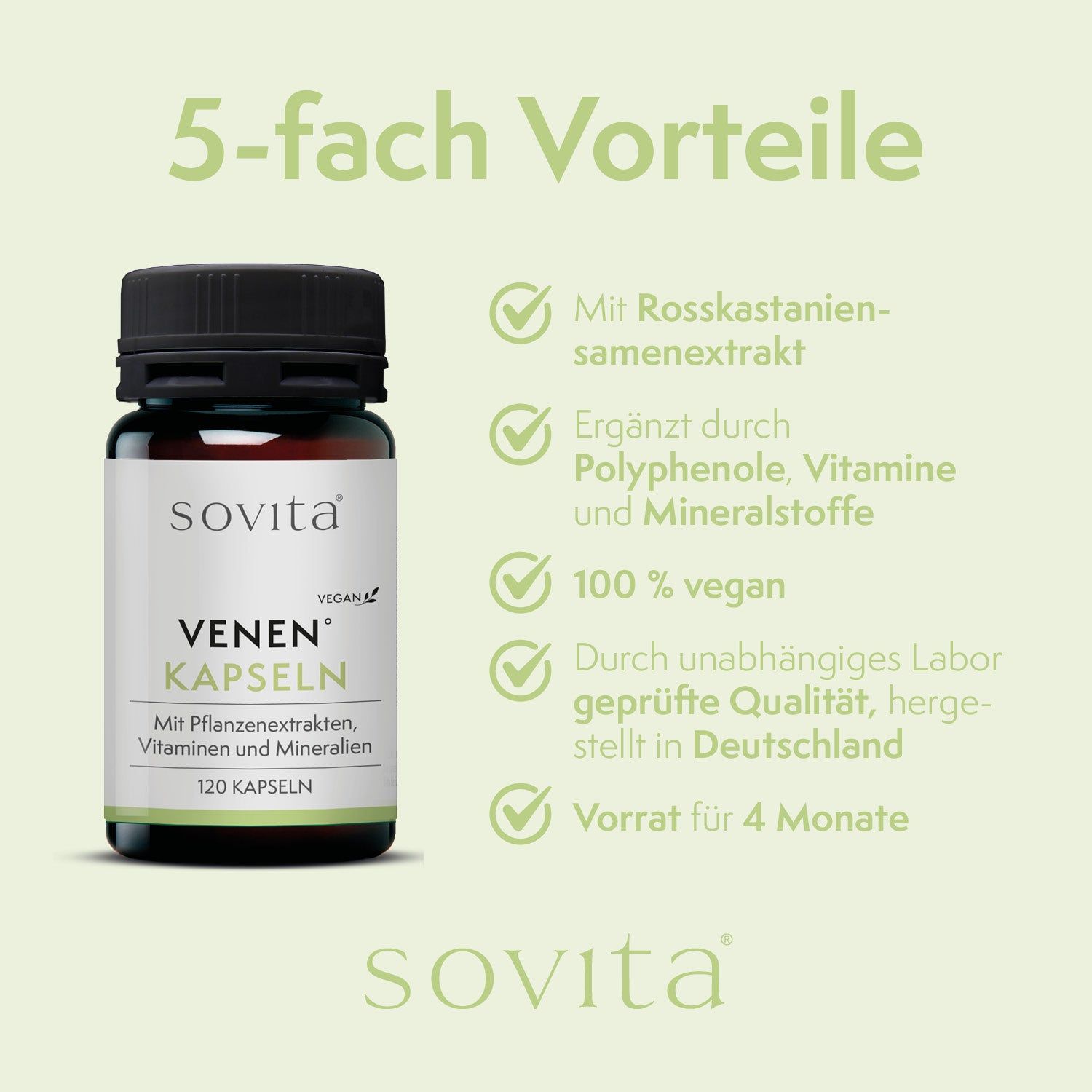 Braune Glasflasche mit schwarzen Deckel. Etikett mit 'Venen Kapseln', '120 Kapseln', 'vegan'. Text: Vorteile, Inhaltsstoffe, vegan, Laborgeprüft.