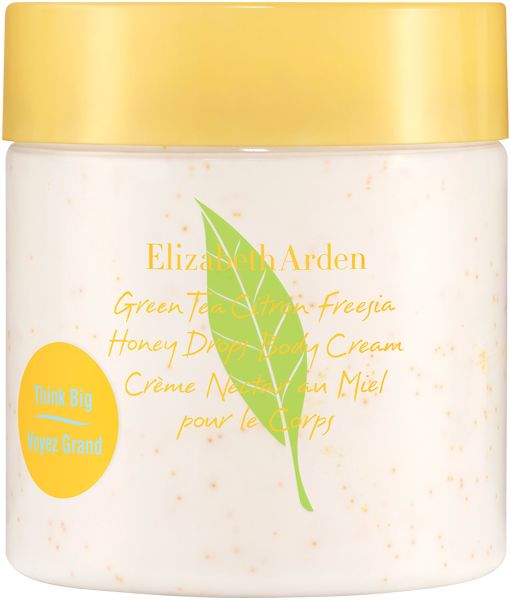 Behälter mit gelbem Deckel. Aufschrift: Elizabeth Arden Green Tea Citron Freesia Honey Drops Body Cream. Grünes Blatt-Logo.