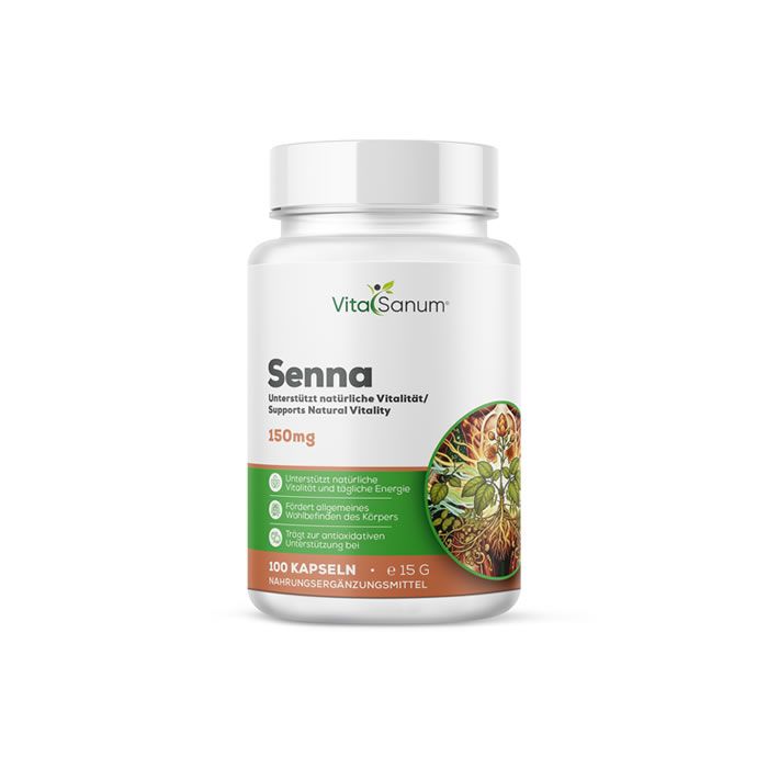 Weiße Flasche mit VitaSanum Senna Kapseln. Beschriftung: Senna, 150mg, 100 Kapseln. Illustration von Pflanzen.