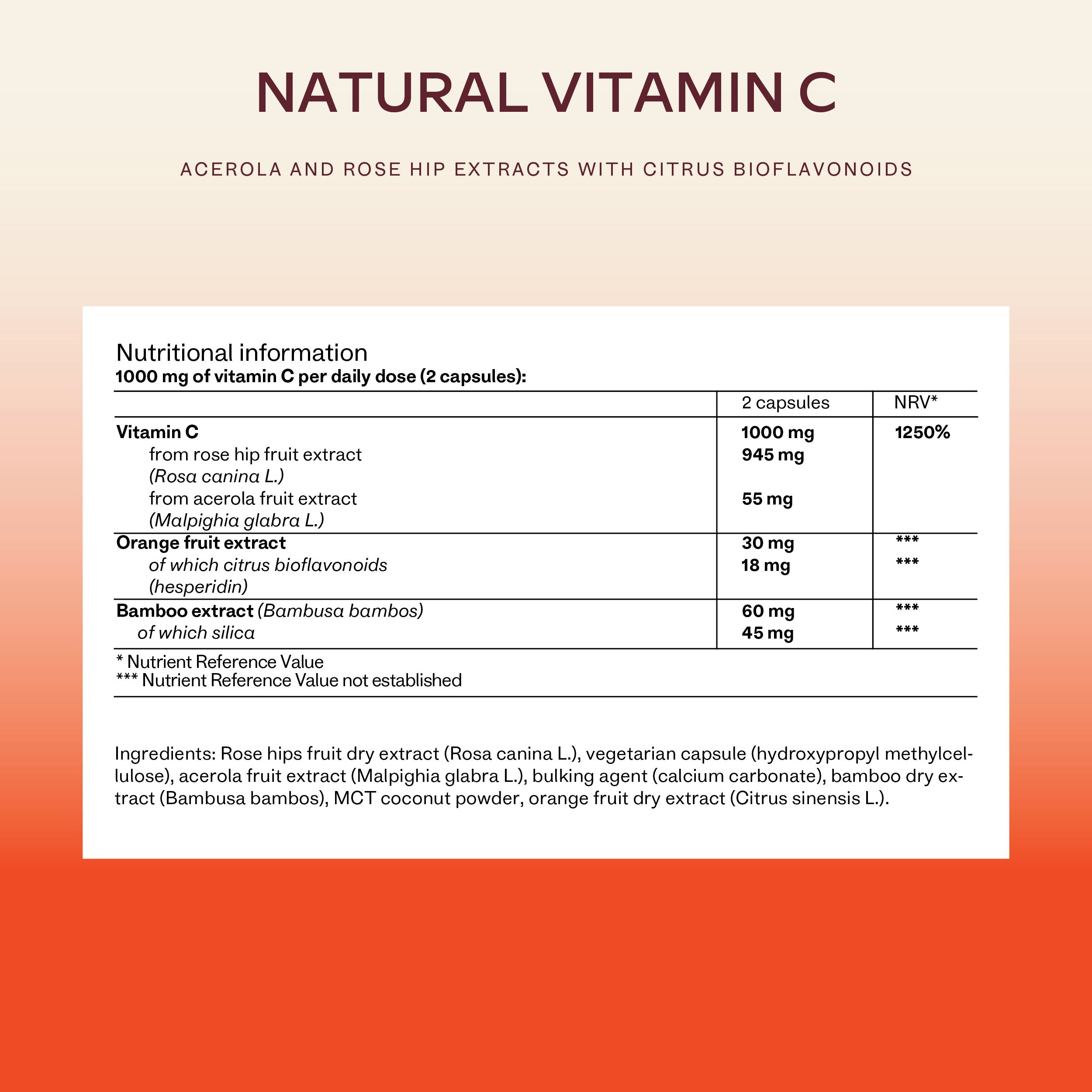 Aavalabs Vitamin C Komplex. Nährwertangaben. Vitamin C aus Hagebutte und Acerola. Enthält Bioflavonoide.