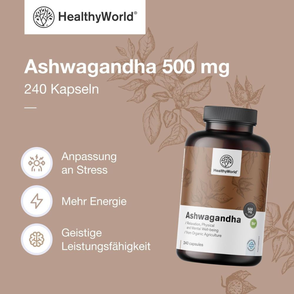 Flasche mit Ashwagandha 500 mg, 240 Kapseln. Text: Gleichgewicht von Körper und Geist, Die Königin des Ayurveda.