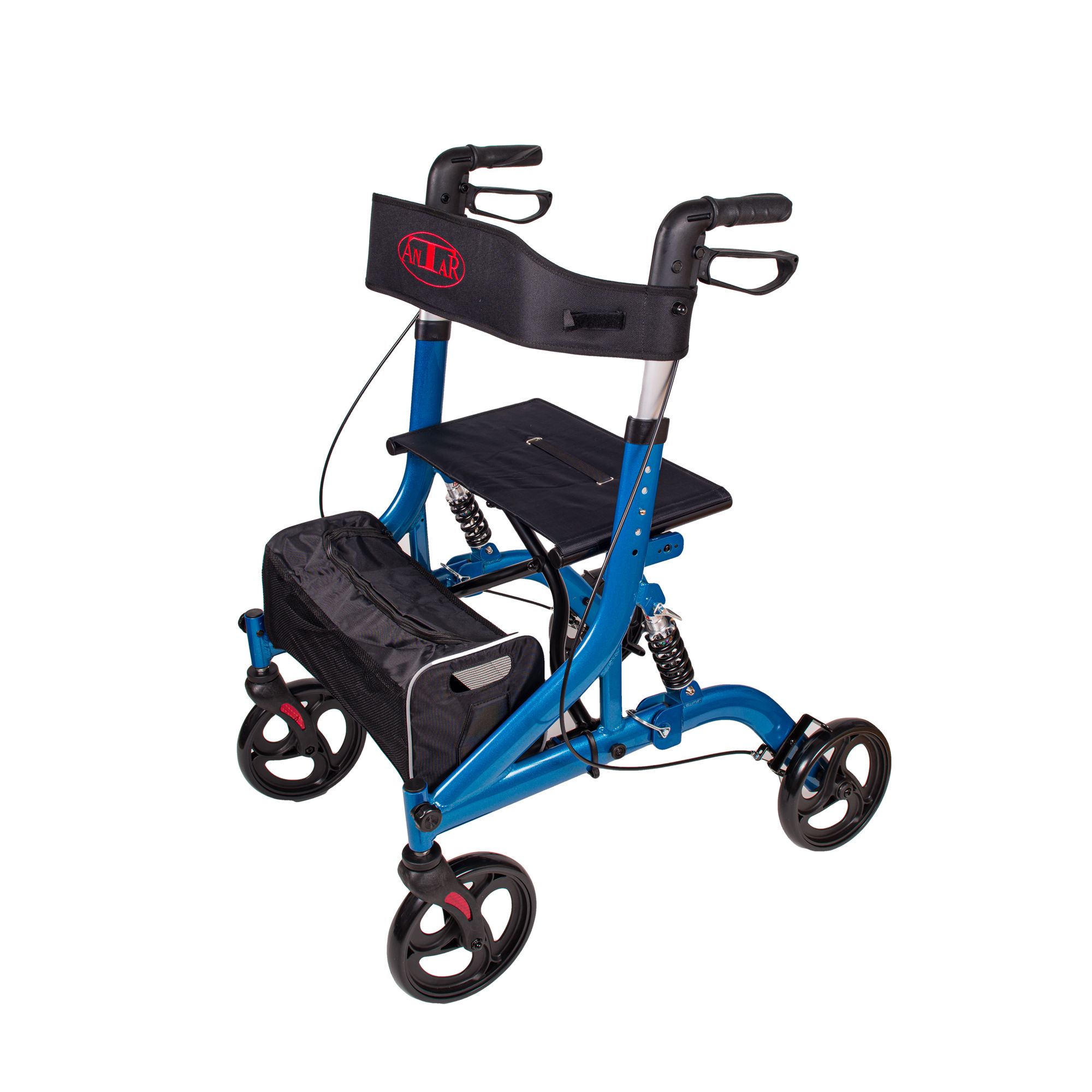 Blauer Rollator mit schwarzem Sitz, Rückenlehne und Einkaufstasche. Vier Räder, Stoßdämpfer und Handgriffe.