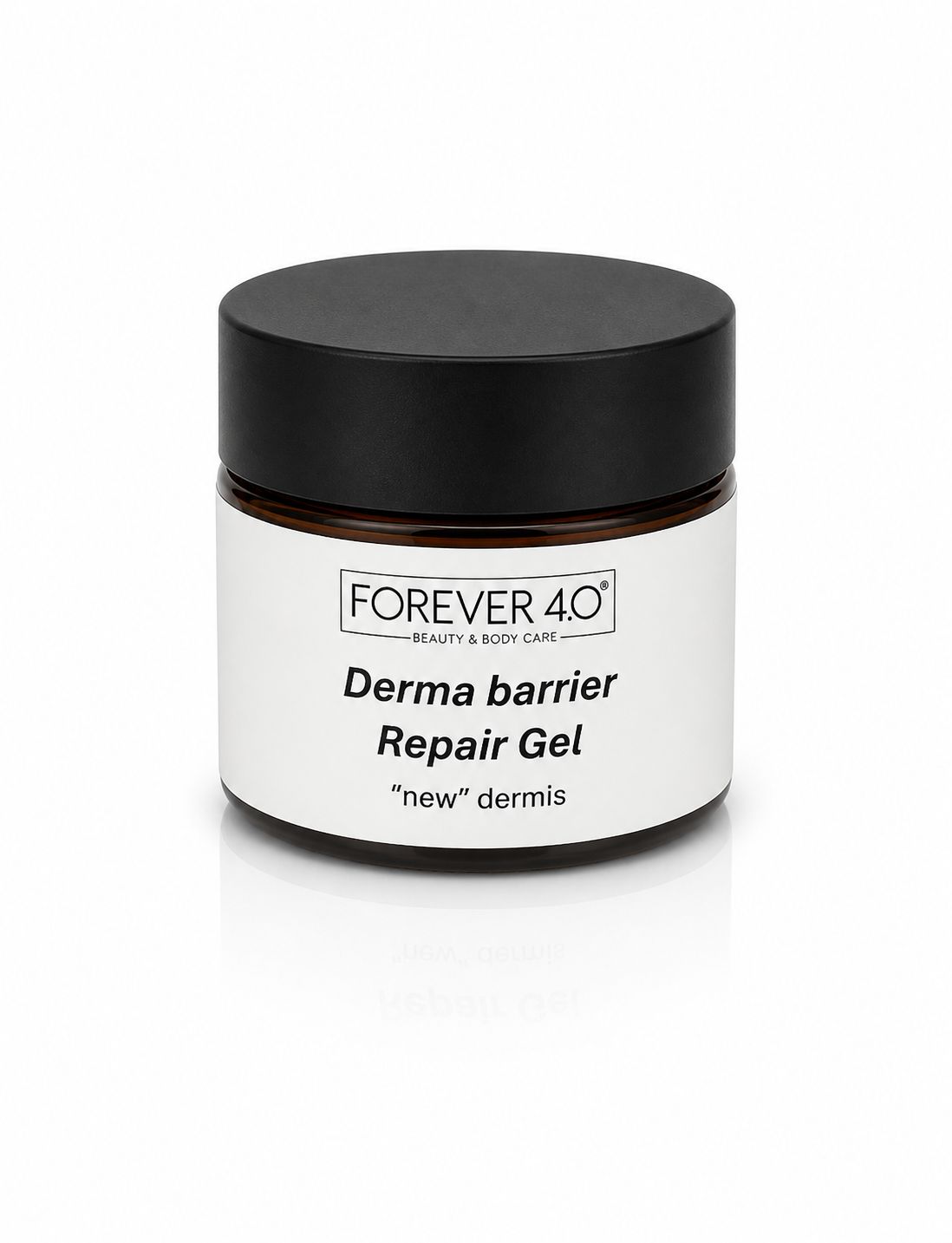 FOREVER 40 Derma barrier Repair Gel in einem Glasbehälter mit schwarzem Deckel.