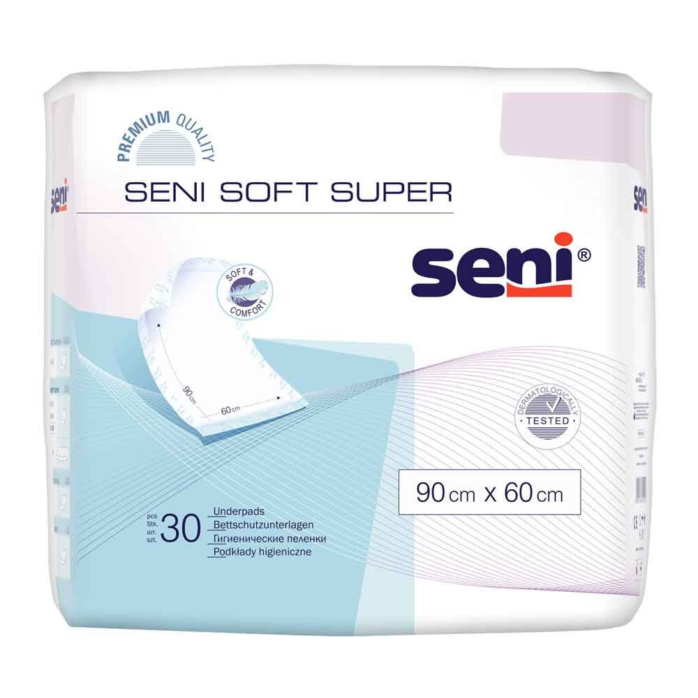 Verpackung Seni Soft Super, 90x60 cm. Enthält 30 Unterlagen. Marke Seni, Logo und Produktbezeichnung. Dermatologisch getestet.