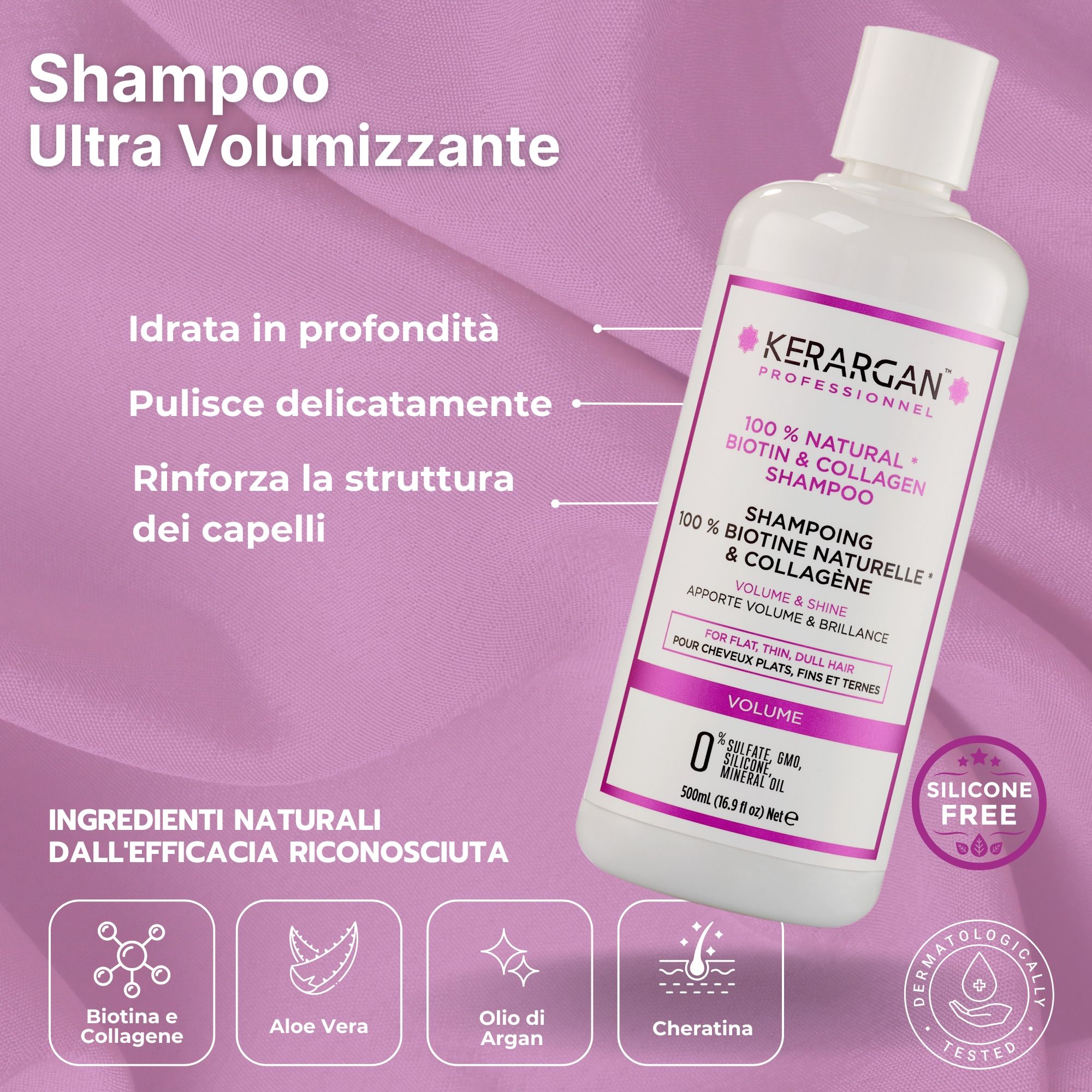 Flacone di shampoo Kerargan. Bianco con etichetta rosa. Testo: Biotina e Collagene. Volume e Lucentezza. 500ml.