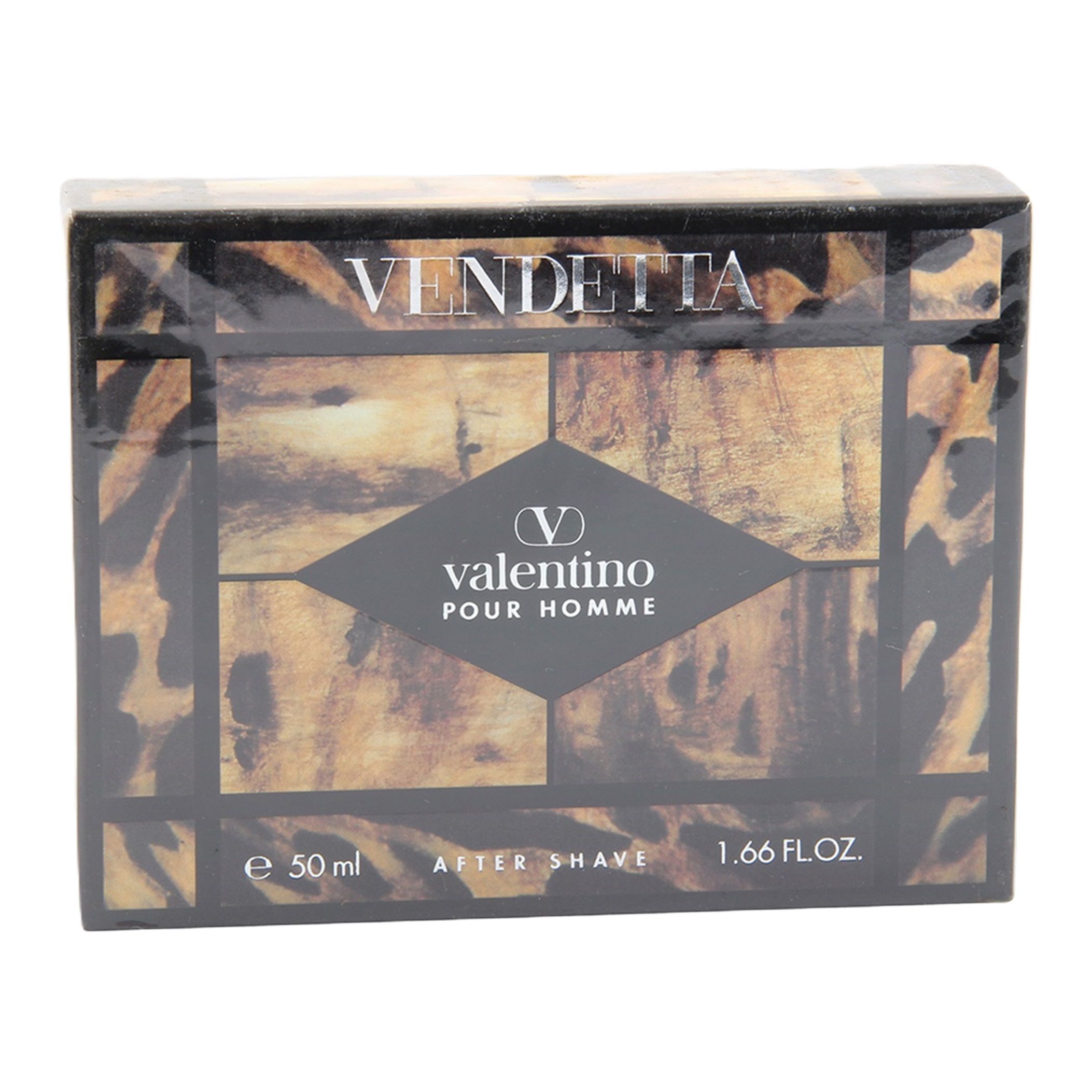 Verpackung von Valentino Vendetta pour Homme After Shave. Schwarze Schachtel mit Logo und Schriftzug. 50 ml und 1.66 FL.OZ.
