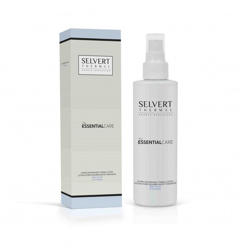 Weiße Flasche und Karton. Aufschrift SELVERT THERMAL, The ESSENTIALCARE. Produktbezeichnung: Hydro-Nourishing Tonic Lotion mit Orchidee.