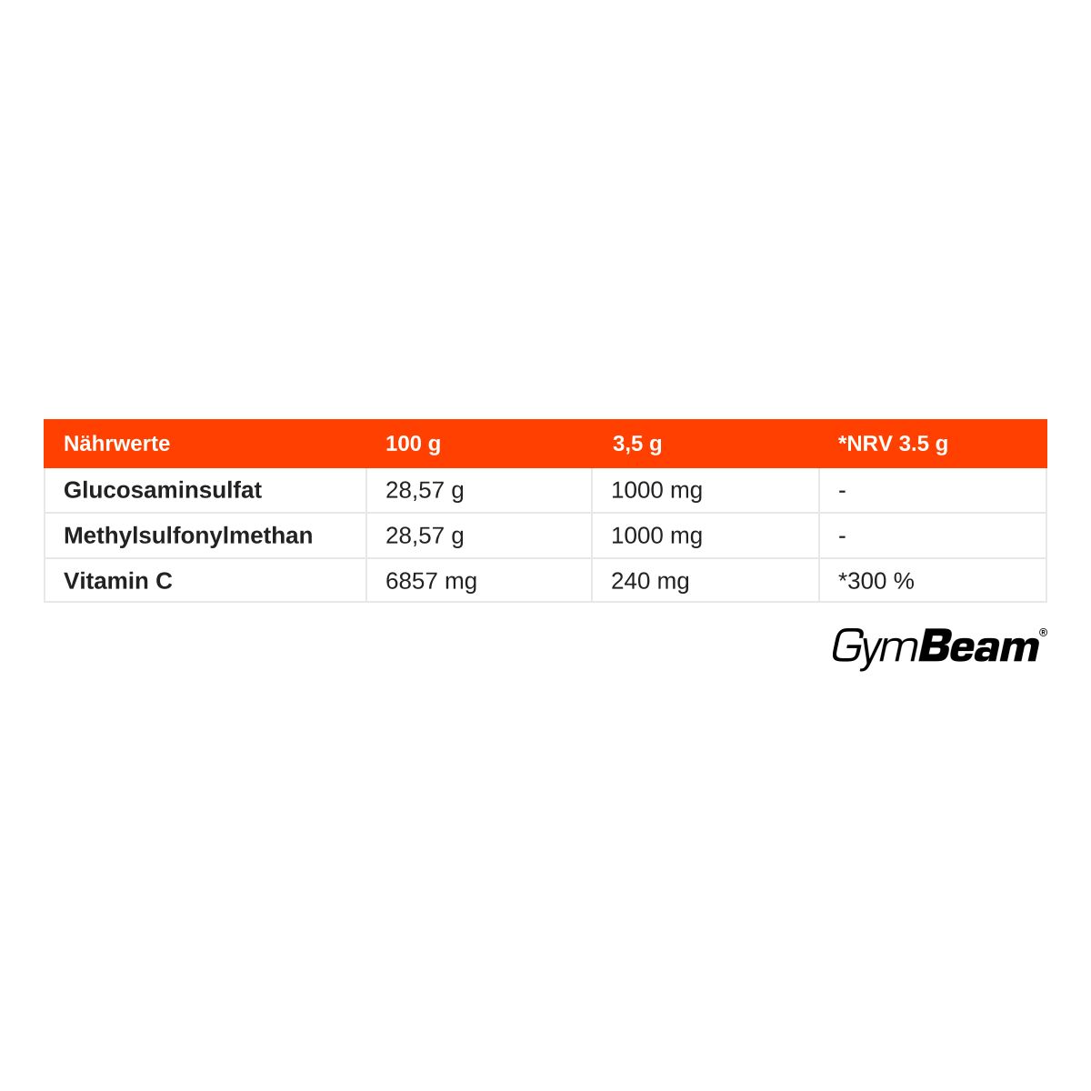GymBeam Logo und Nährwertangaben für Gelenk-Komplex Pulver mit Vitamin C.