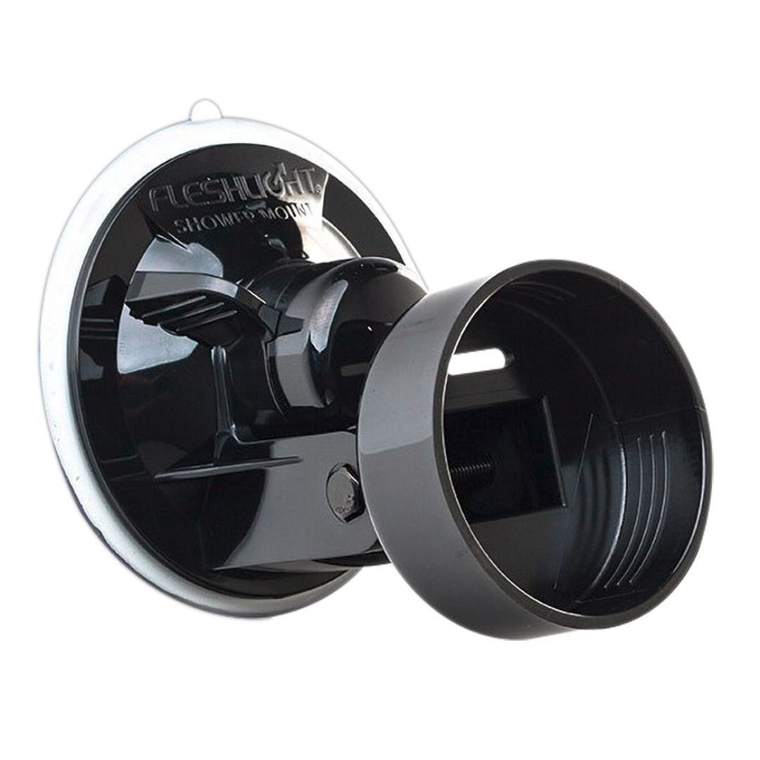 Schwarze Halterung mit Saugnapf. Produktname: Fleshlight Shower Mount.