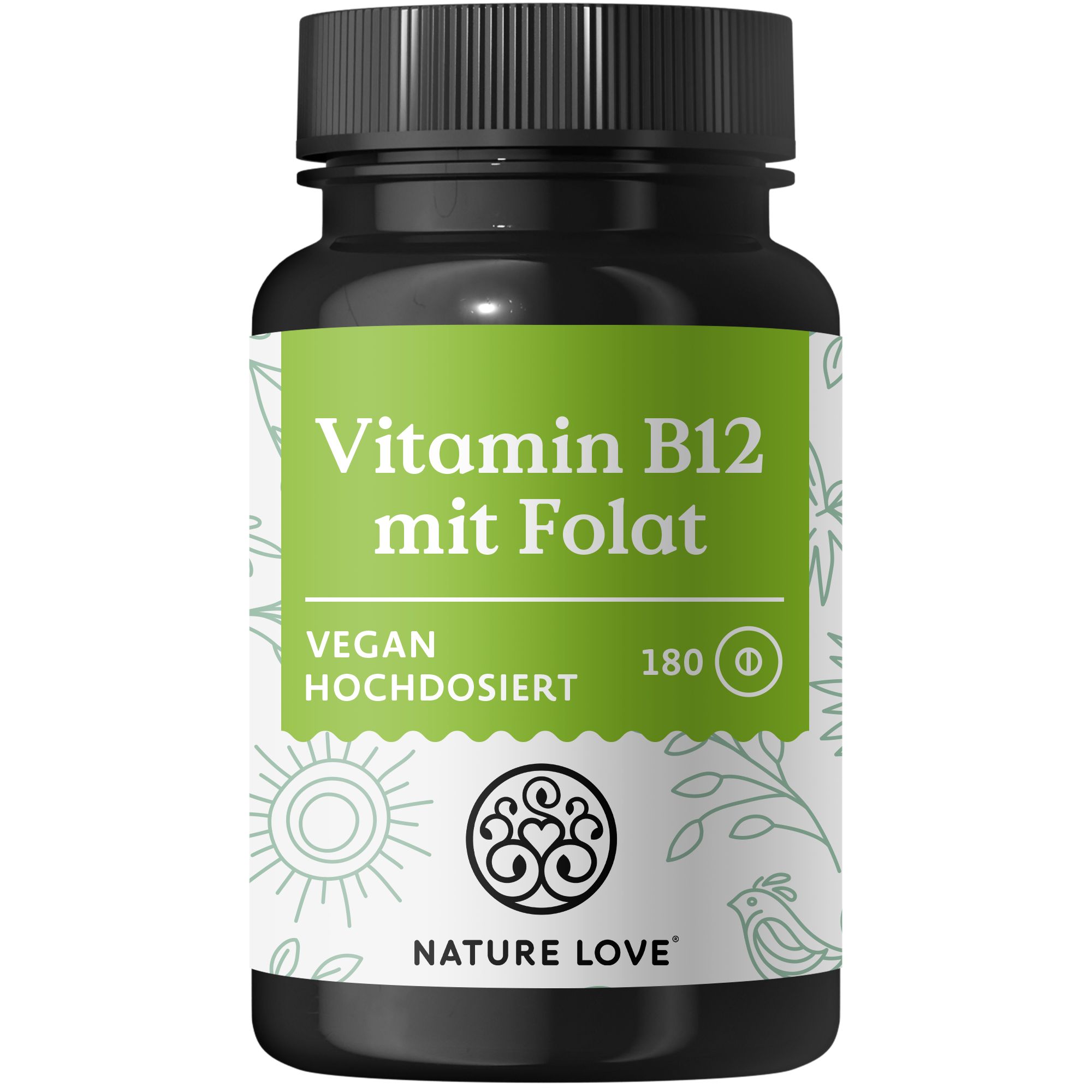 Braune Tablettenflasche mit grünem Etikett. Aufschrift: Vitamin B12 mit Folat, vegan, hochdosiert. 180 Tabletten.