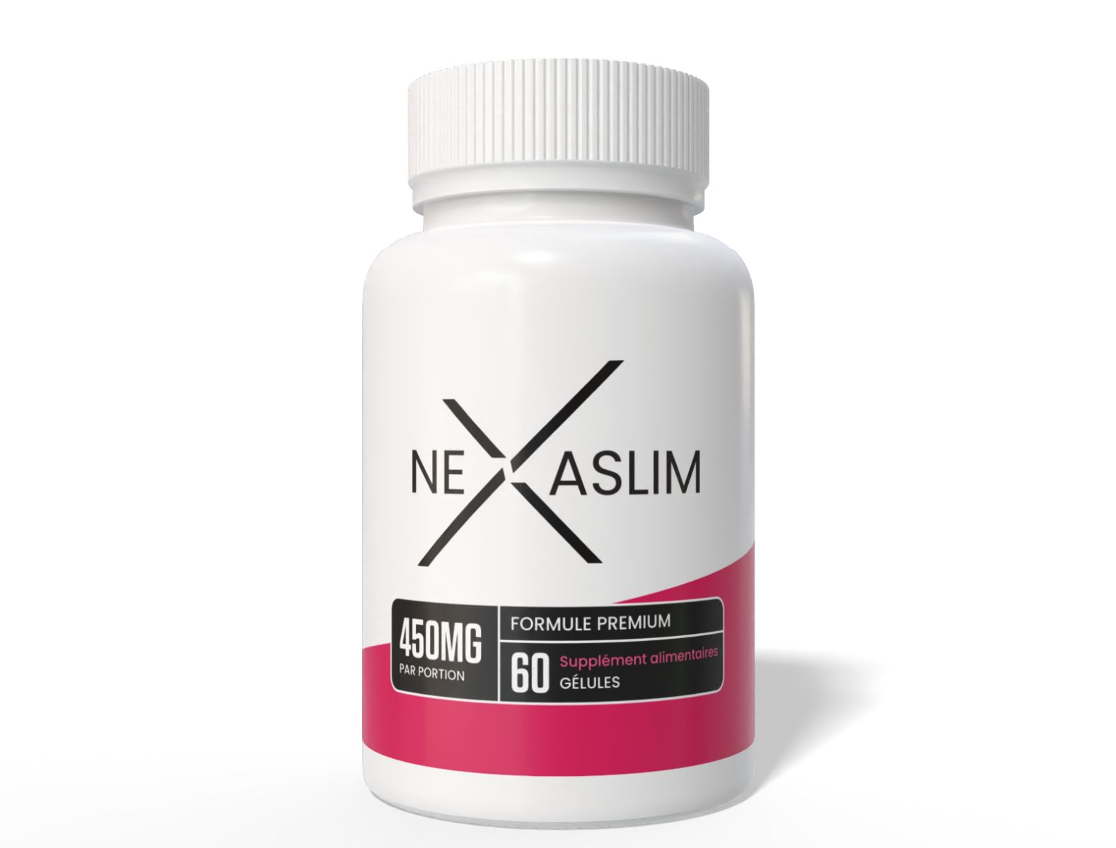 Weiße Flasche mit Nexaslim-Logo und rotem Akzent. Enthält 60 Kapseln. Aufschrift: 450mg pro Portion.