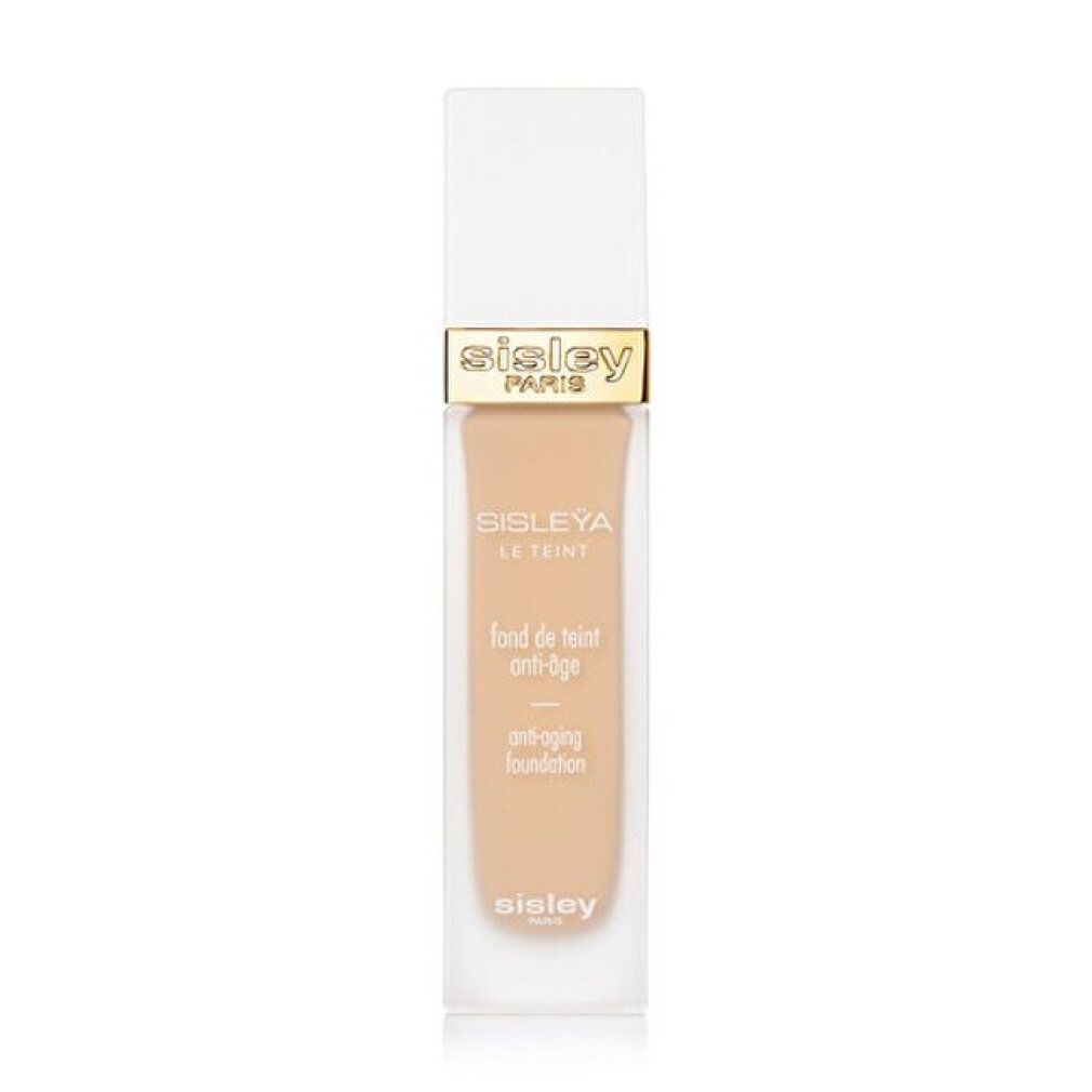 Sisley Sisleya Le Teint Anti-Aging Foundation, rechteckiger Flakon mit weißem Verschluss, goldener Banderole und Text.