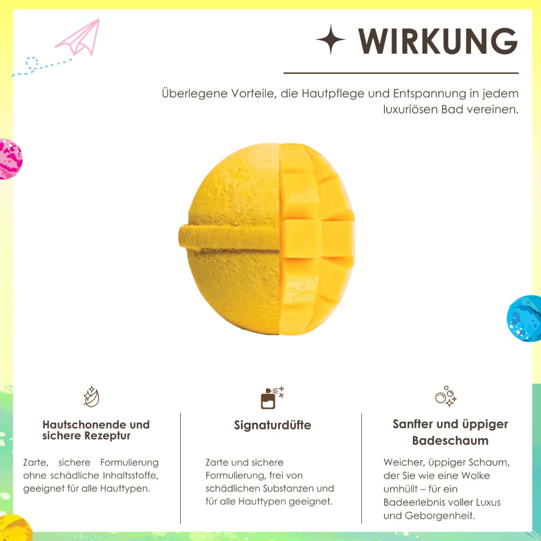 Grafik mit Mango-Illustration. Text über Hautpflege und Entspannung. Produkt in Mangoform.