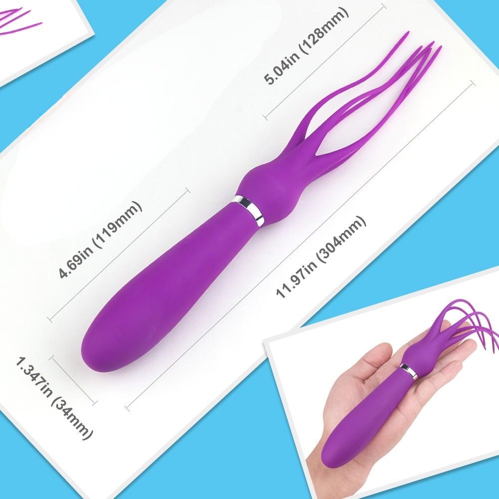 Lila Vibrator mit tentakelartigen Enden. Zylindrischer Griff, silberner Ring. Vier Tentakel. Aus Silikon. Abmessungen sind angegeben.