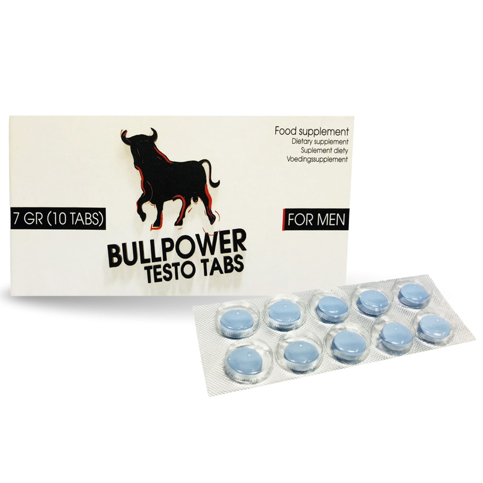 Schachtel mit blauen Tabletten. Aufschrift: Bullpower Testo Tabs, 7 GR (10 TABS), FOR MEN.