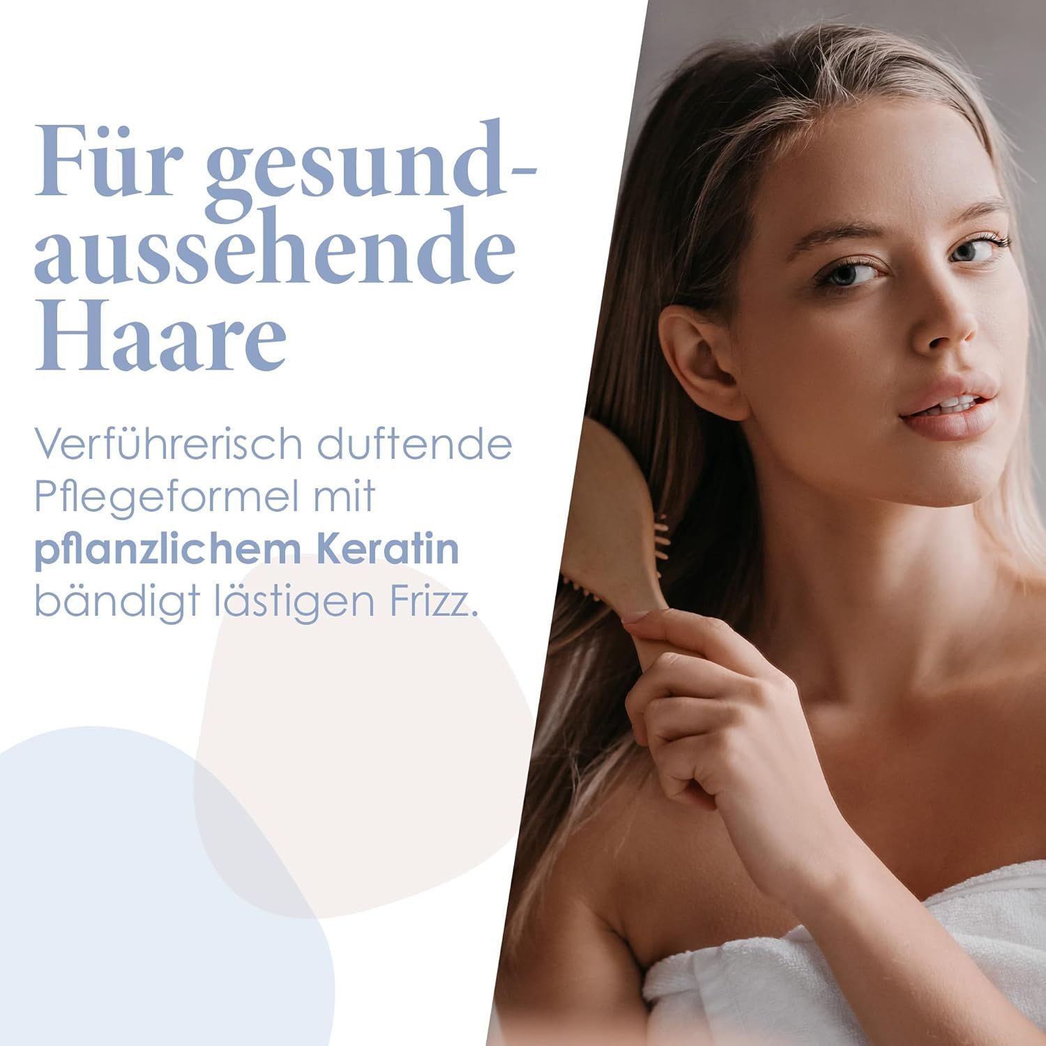 Frau kämmt ihr Haar mit einer Bürste. Text: Für gesund aussehende Haare. Pflanzliches Keratin bändigt Frizz.