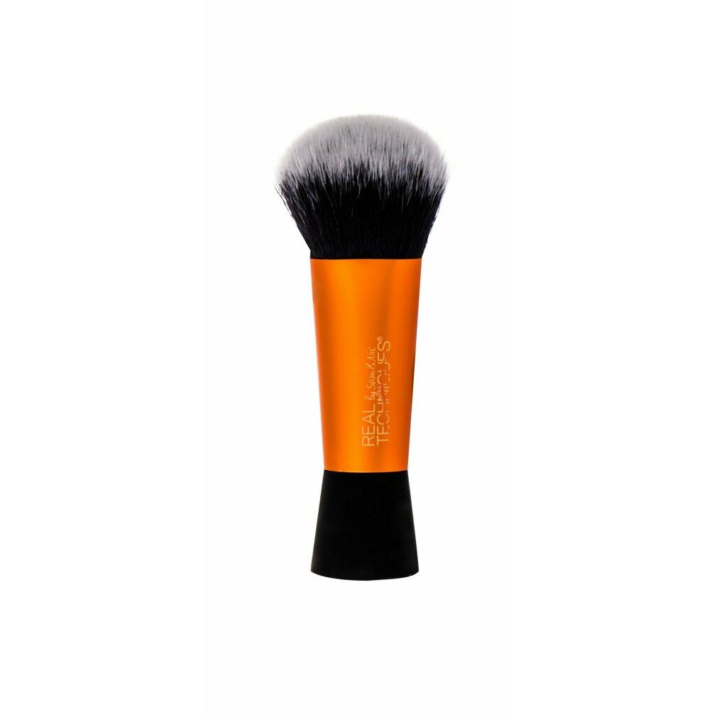 Mini Expert Face Brush. Orangefarbener Griff mit schwarzem Sockel. Schwarze und graue Borsten. Marke Real Techniques.