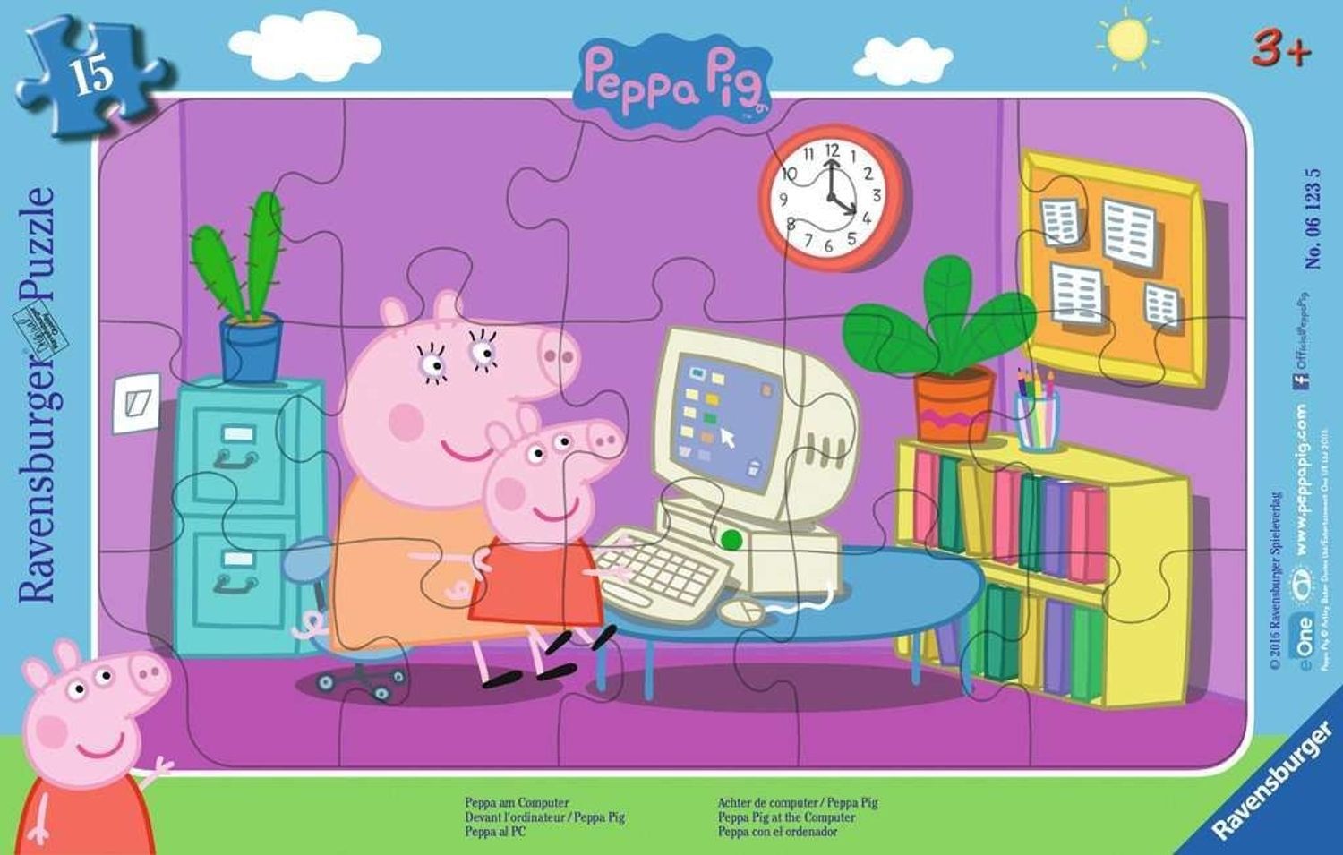 Puzzlespiel mit Peppa Wutz am Computer. 15 Teile. Ravensburger Puzzle. Ab 3 Jahren. Verpackung mit Puzzleteilen.