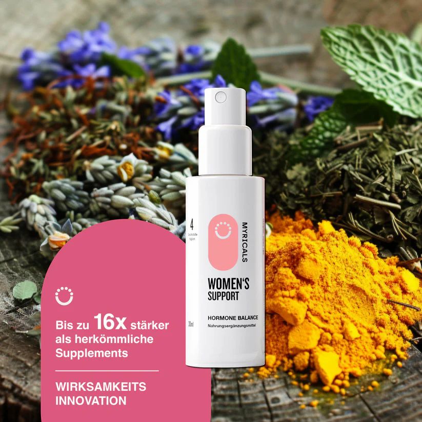 MYRICALS Women's Support. Weiße Sprühflasche vor Kräutern und Gewürzen. Text: Bis zu 16x stärker als herkömmliche Supplements. Wirksamkeitsinnovation.