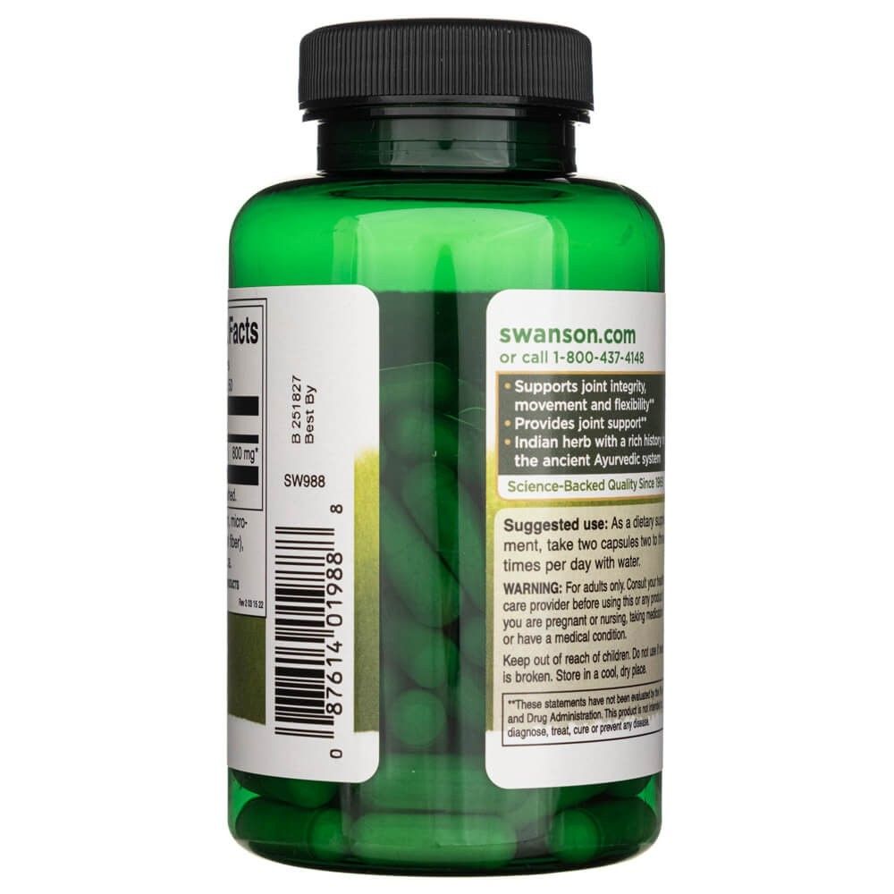 Rückseite einer grünen Flasche Swanson Boswellia Serrata, zeigt Dosierung und Vorteile.