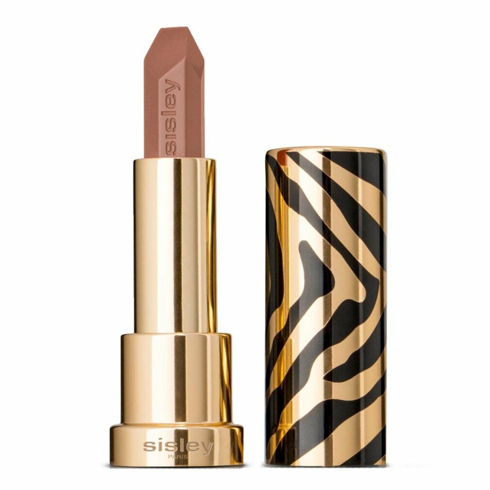 Lippenstift mit goldfarbenem Gehäuse und Zebra-Muster. Der Lippenstift ist geöffnet und zeigt eine braune Spitze. Sisley-Logo sichtbar.
