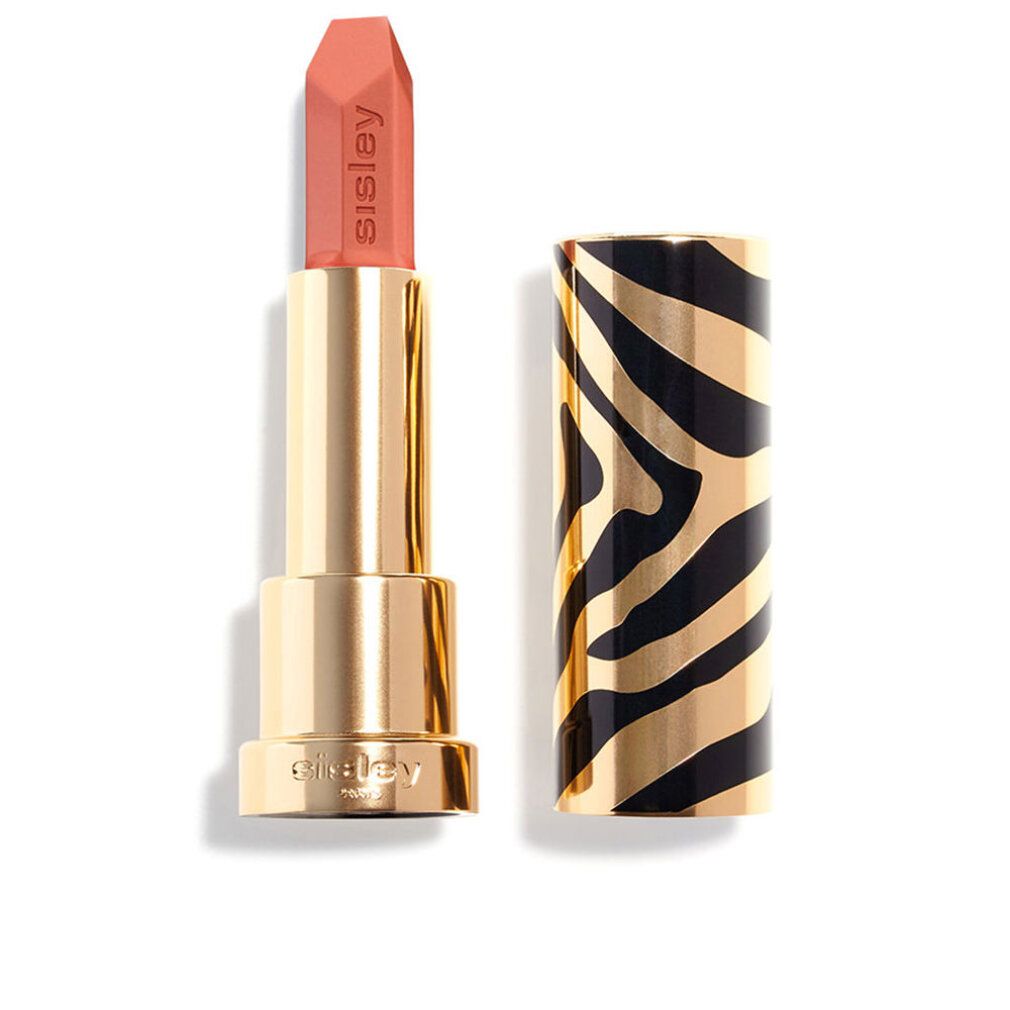 Goldfarbener Lippenstift mit geöffneter Hülse. Der Lippenstift ist rosa. Die Hülse ist mit einem Zebra-Muster versehen. Auf dem Lippenstift steht Sisley.