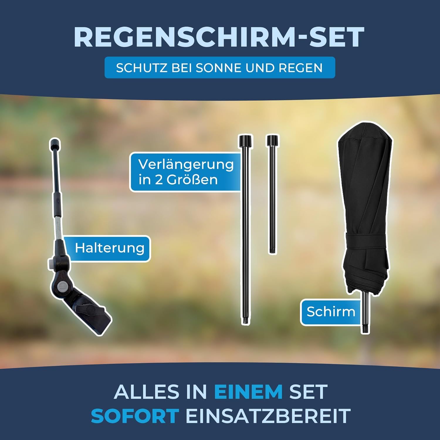 Set mit Halterung, Verlängerungen und einem schwarzen Schirm. Text: Alles in einem Set, sofort einsatzbereit.