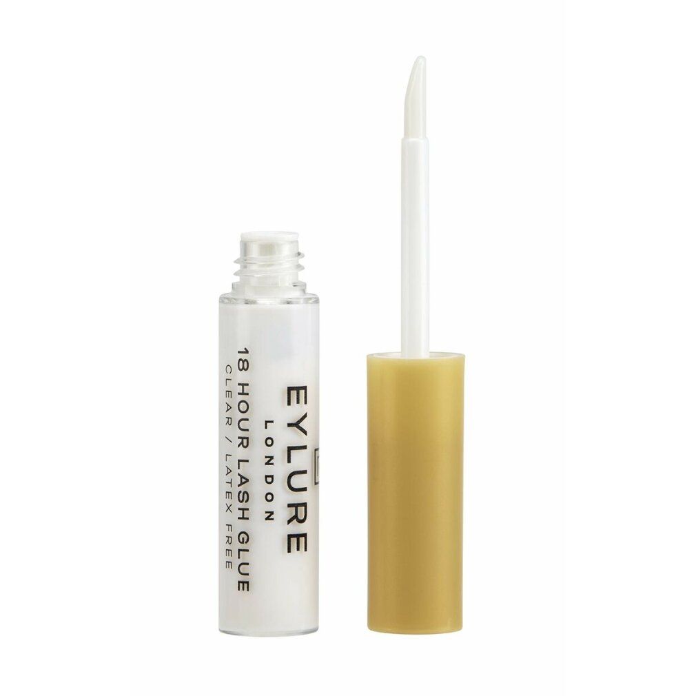 Eylure 18 Hour Lash Glue Clear Finish. Flasche mit Applikator und goldener Kappe. Produktinformationen auf dem Etikett.