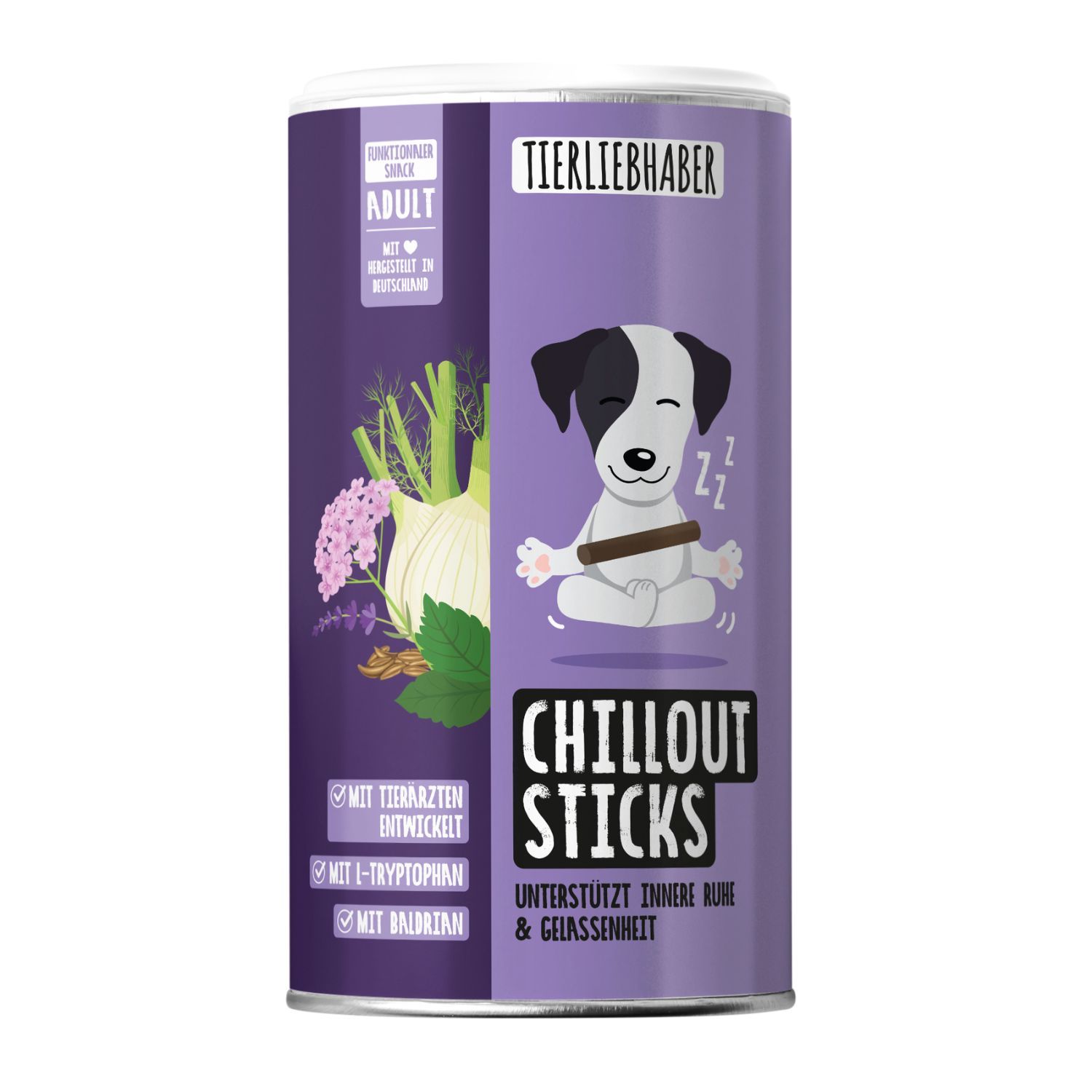 Lila Dose Tierliebhaber Chillout Sticks mit Hundemotiv und Zutatenliste.