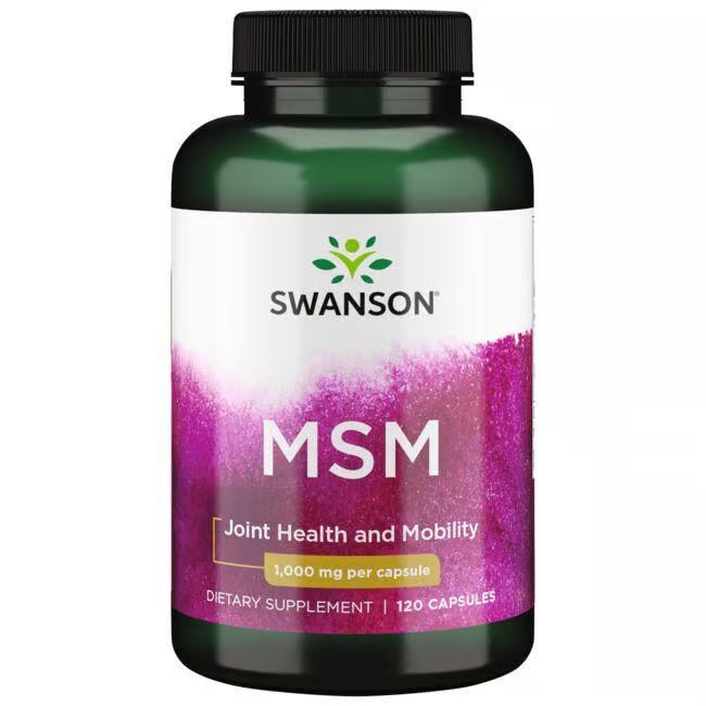 Grüne Flasche mit weißem Etikett. Aufschrift: SWANSON MSM, 1000 mg pro Kapsel, 120 Kapseln. Vorderansicht.