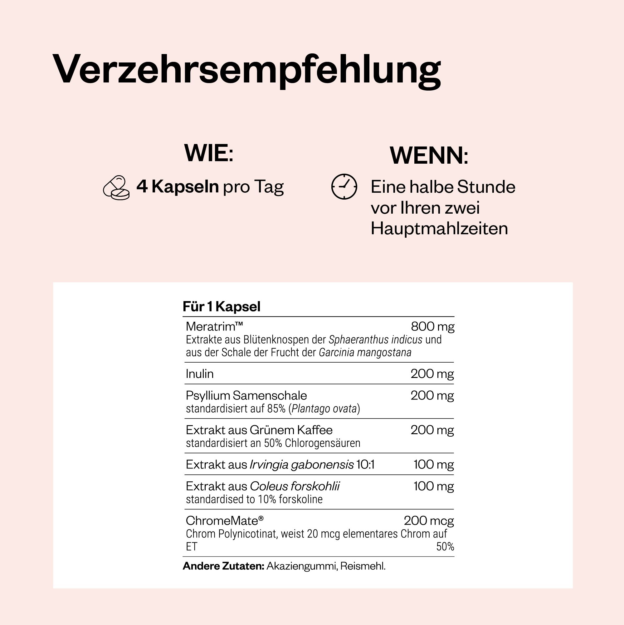Verzehrempfehlung: 4 Kapseln pro Tag. Einnahme: eine halbe Stunde vor den Mahlzeiten. Inhaltsstoffe pro Kapsel.