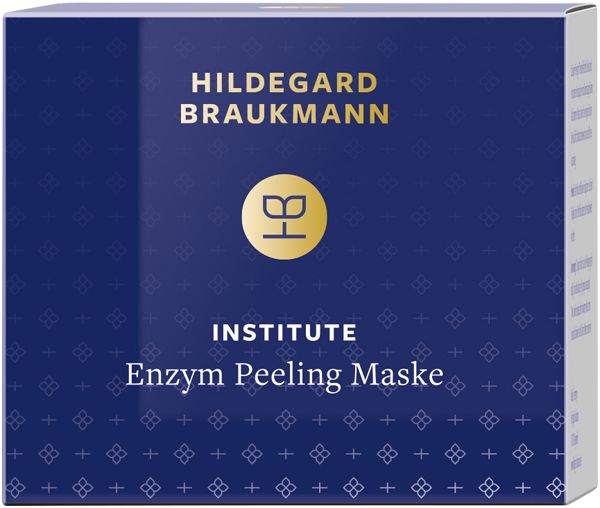 Blau-weiße Produktverpackung. Aufschrift: HILDEGARD BRAUKMANN INSTITUTE Enzym Peeling Maske. Logo mit stilisiertem Blatt.