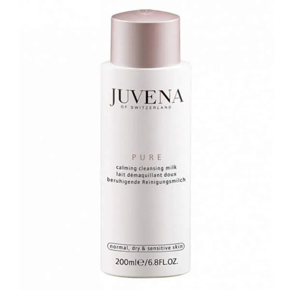 Weisse Flasche mit rosafarbenem Deckel. Aufschrift: Juvena. Text: Pure Cleansing Milk. 200ml/6.8 fl.oz.