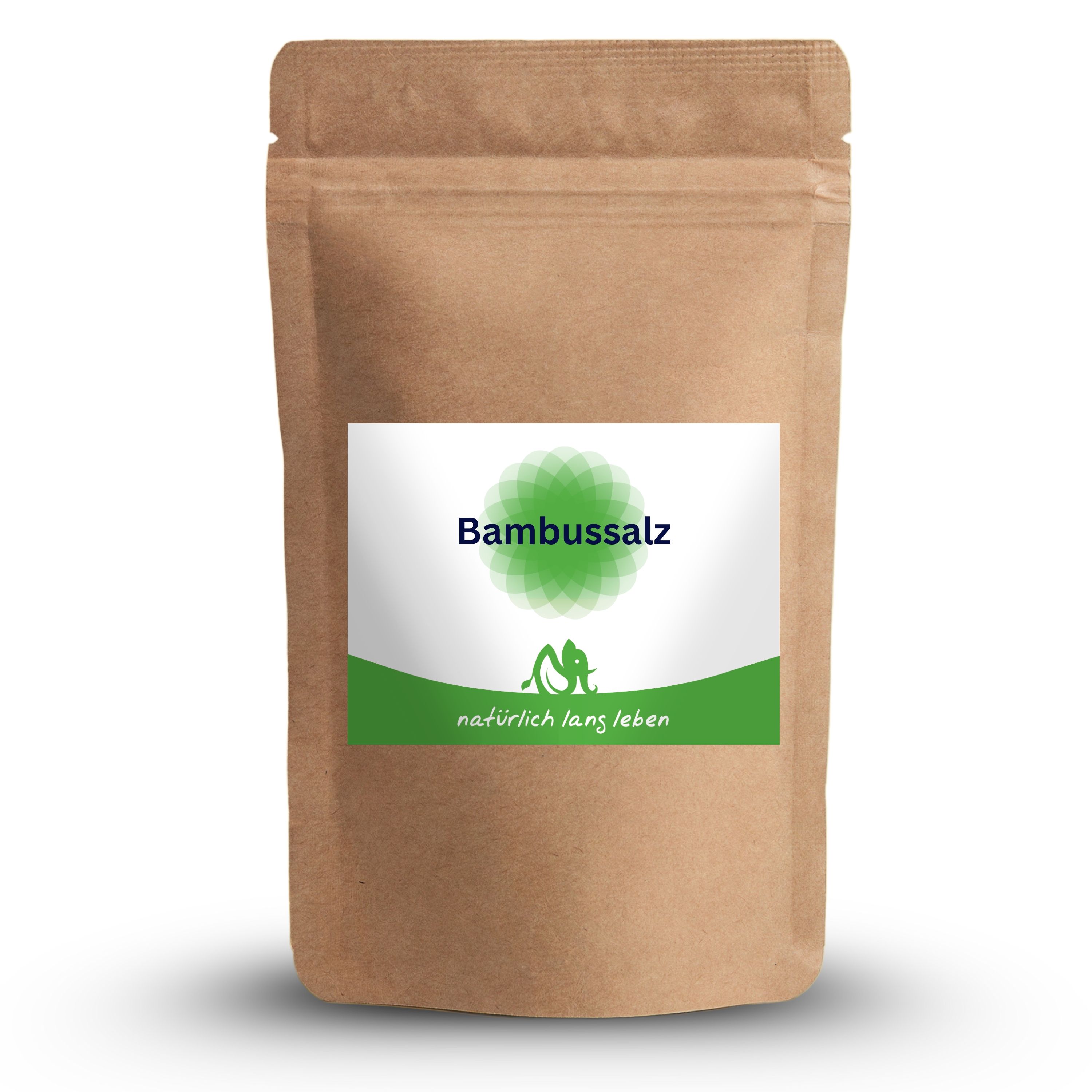 Braune Tüte mit Etikett. Etikett mit grünem Logo und Schriftzug Bambussalz. Unterhalb Schriftzug: natürlich lang leben.