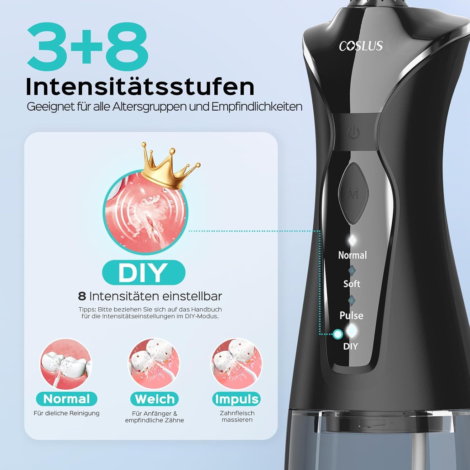 Zahnreiniger mit Intensitätsstufen. Zeigt Bedienfeld mit Modi. Illustrationen von Zahnreinigungsmodi.