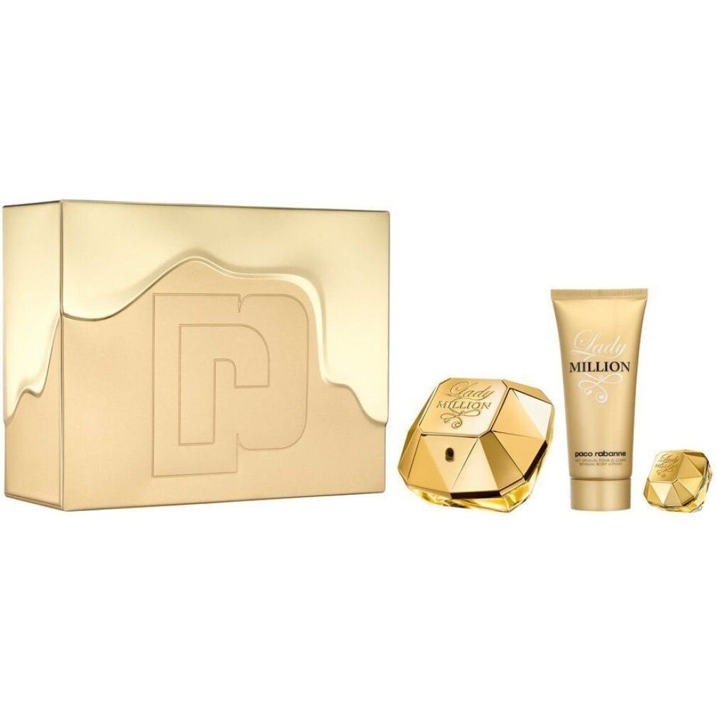 Geschenkset mit goldfarbener Verpackung, Parfum, Körperlotion und Miniatur. Aufschrift: Lady Million, Paco Rabanne.