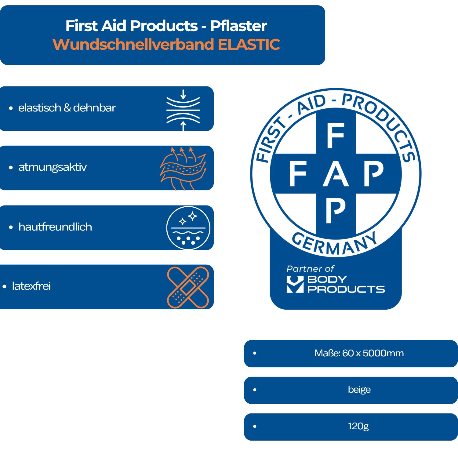 Blaues Informationsblatt. Oben: First Aid Products - Pflaster Wundschnellverband ELASTIC. Logo: FAP. Eigenschaften: elastisch, atmungsaktiv, hautfreundlich, latexfrei.