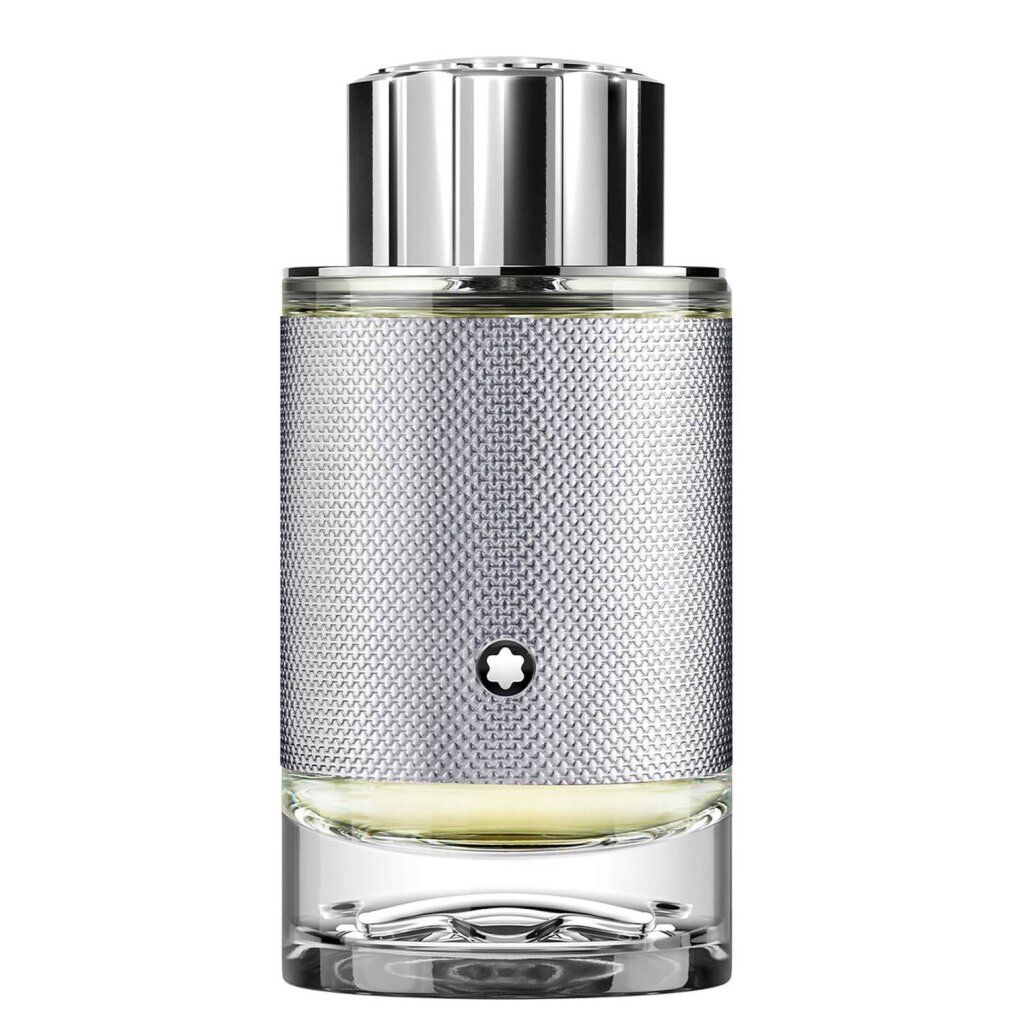 Montblanc Explorer Platinum Eau de Parfum Flakon mit silberner Textur und Montblanc-Logo.