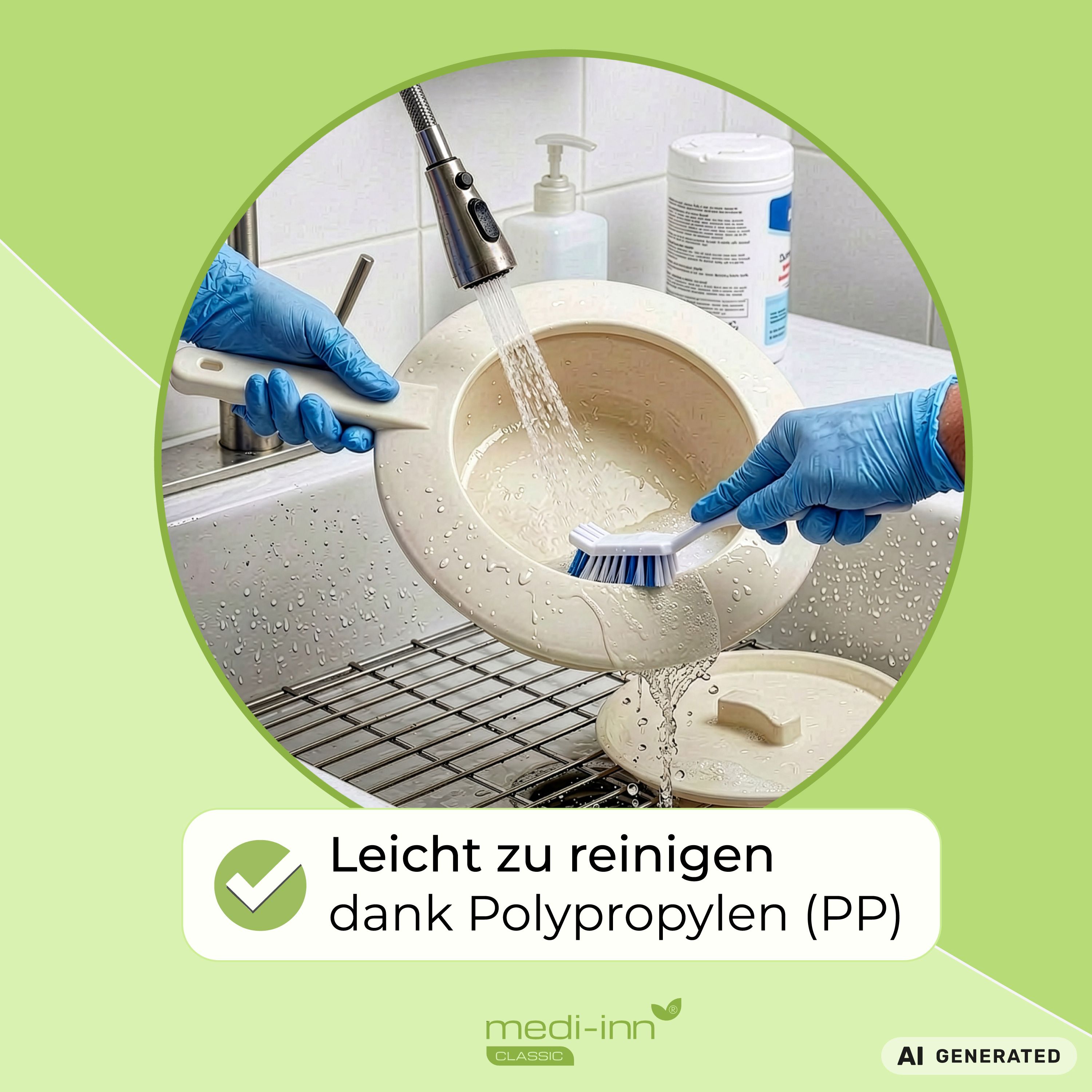 Reinigung einer Kunststoff-Bettpfanne aus Polypropylen (PP) unter fließendem Wasser.